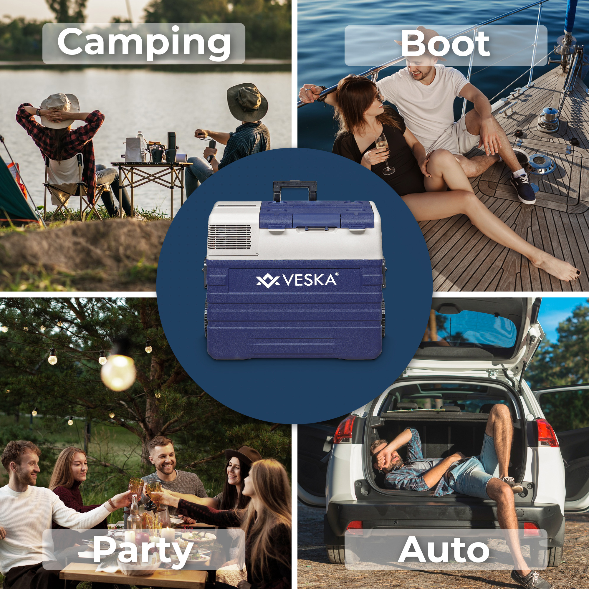Eine Collage von Menschen, die campen, Boot fahren, feiern und sich im Auto entspannen.