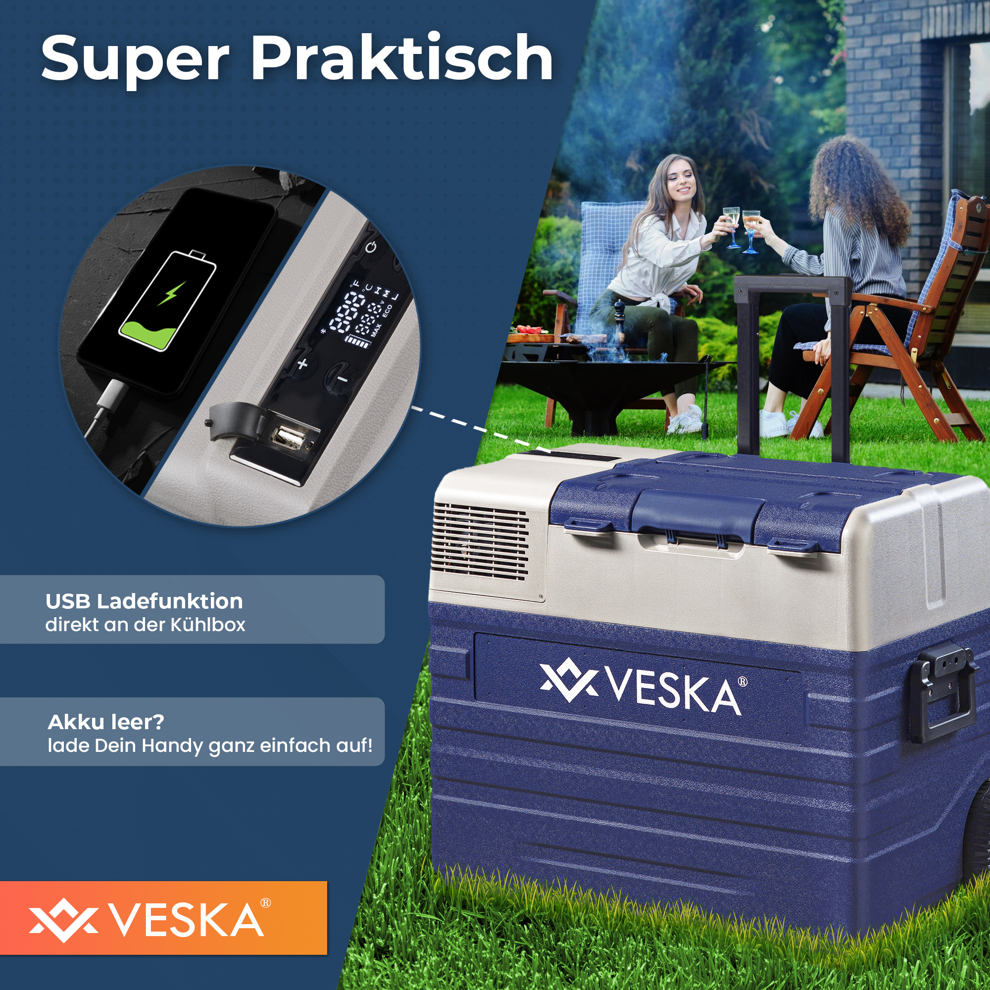 Kühler mit USB-Ladung, Text-Overlay und zwei Frauen im Hintergrund, die Wein trinken.