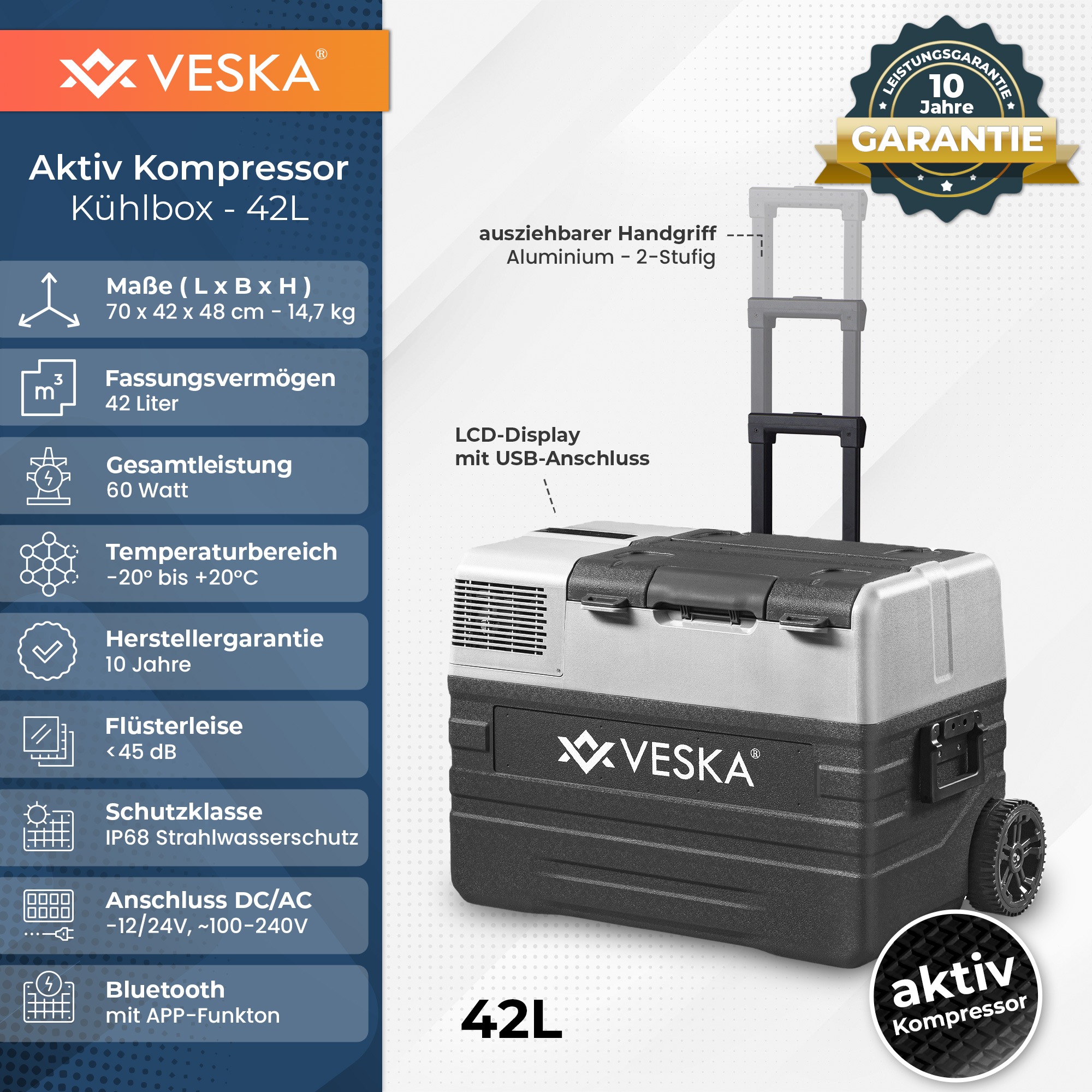 Schwarz-graue Kühlbox mit Veska-Logo und Griff. Hat Text an der Seite und ein Display.