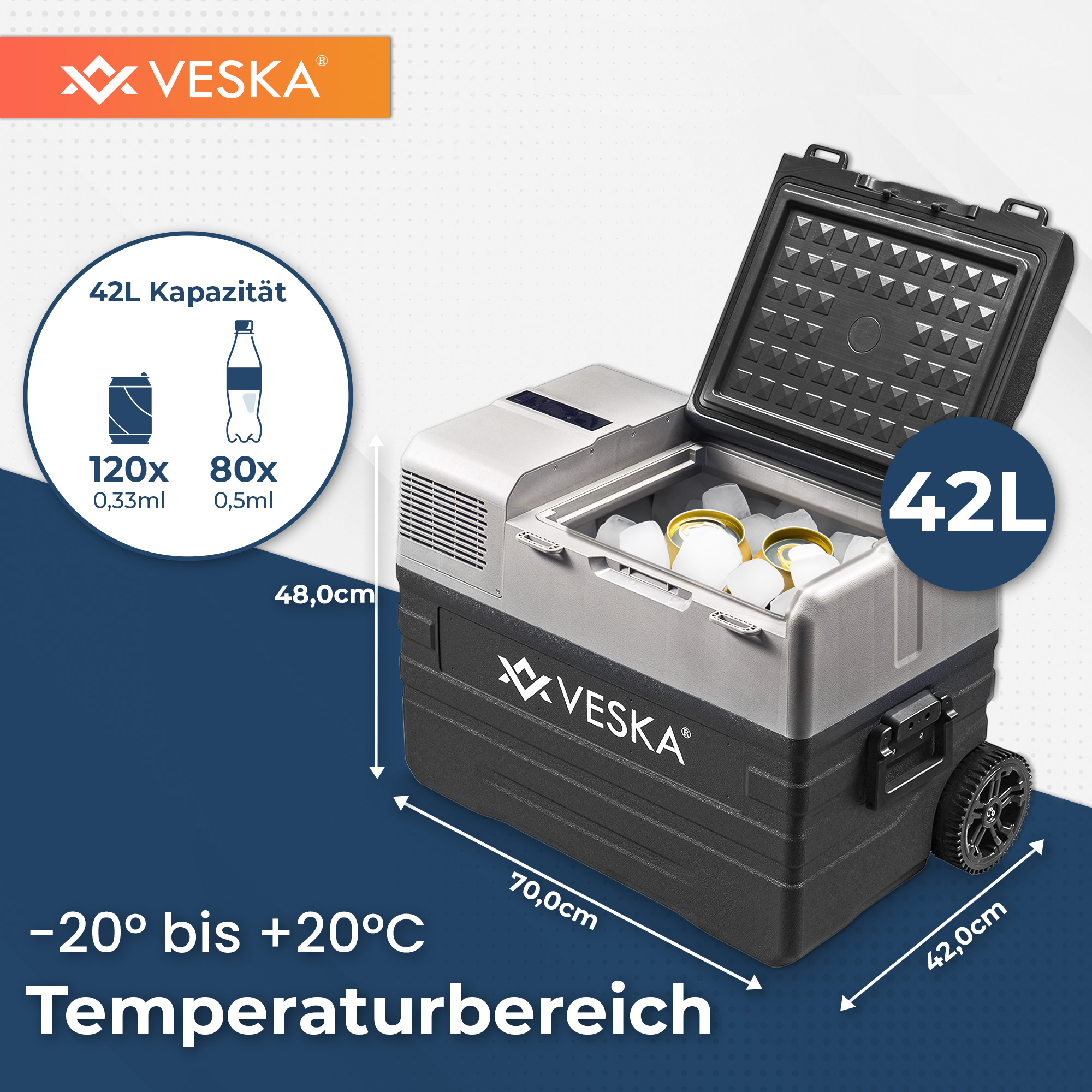 Eine tragbare Kühlbox mit 42L Fassungsvermögen, mit Abmessungen und Temperaturbereich.