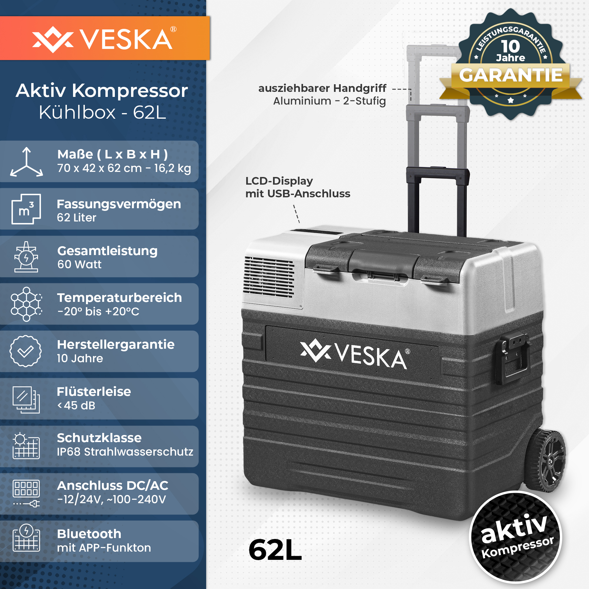 Eine schwarz-graue tragbare Kühlbox mit Griff, Rädern und Digitalanzeige, beschriftet mit VESKA.