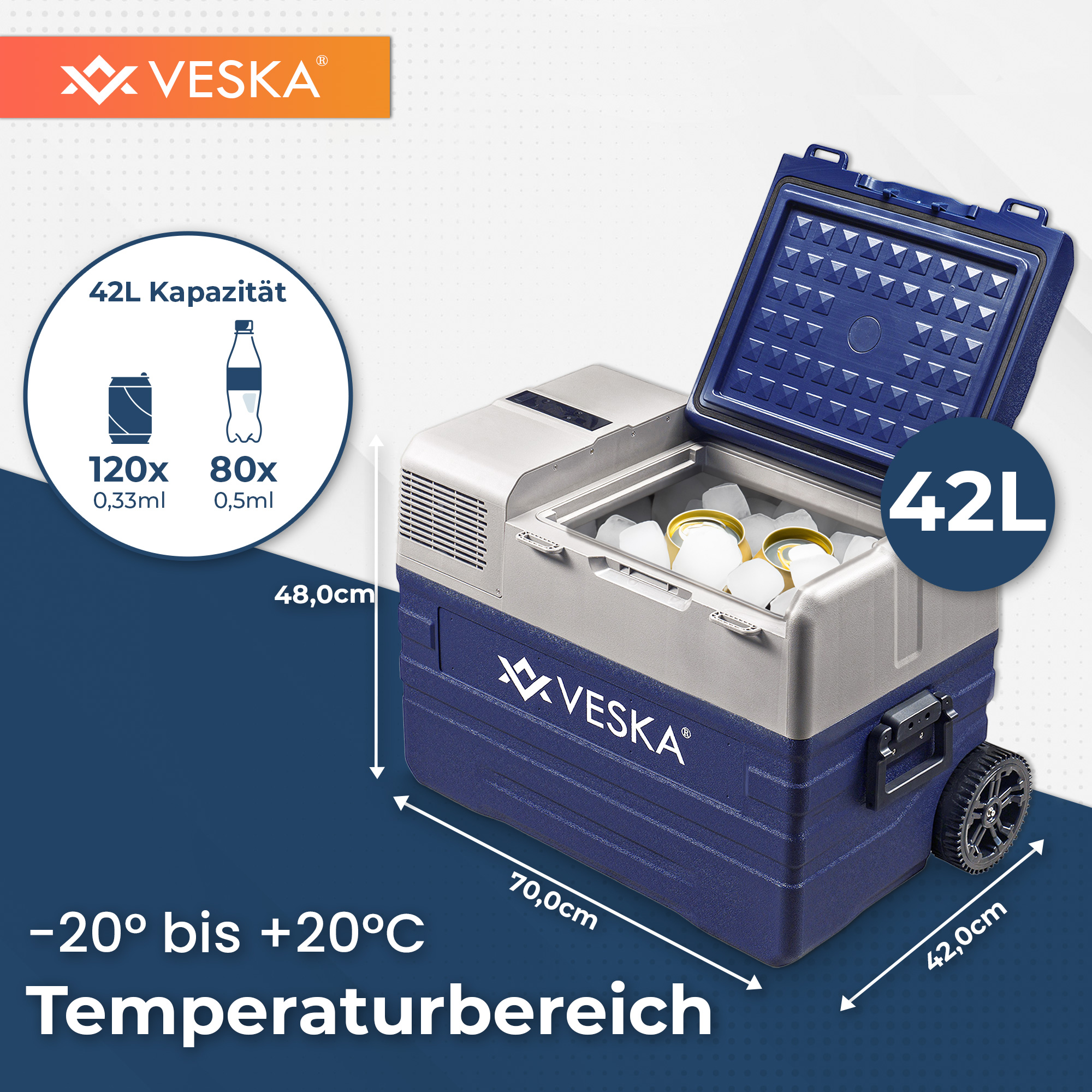 Eine blau-weiße Kühlbox mit Eis und Getränken, mit Größen- und Temperaturangaben.