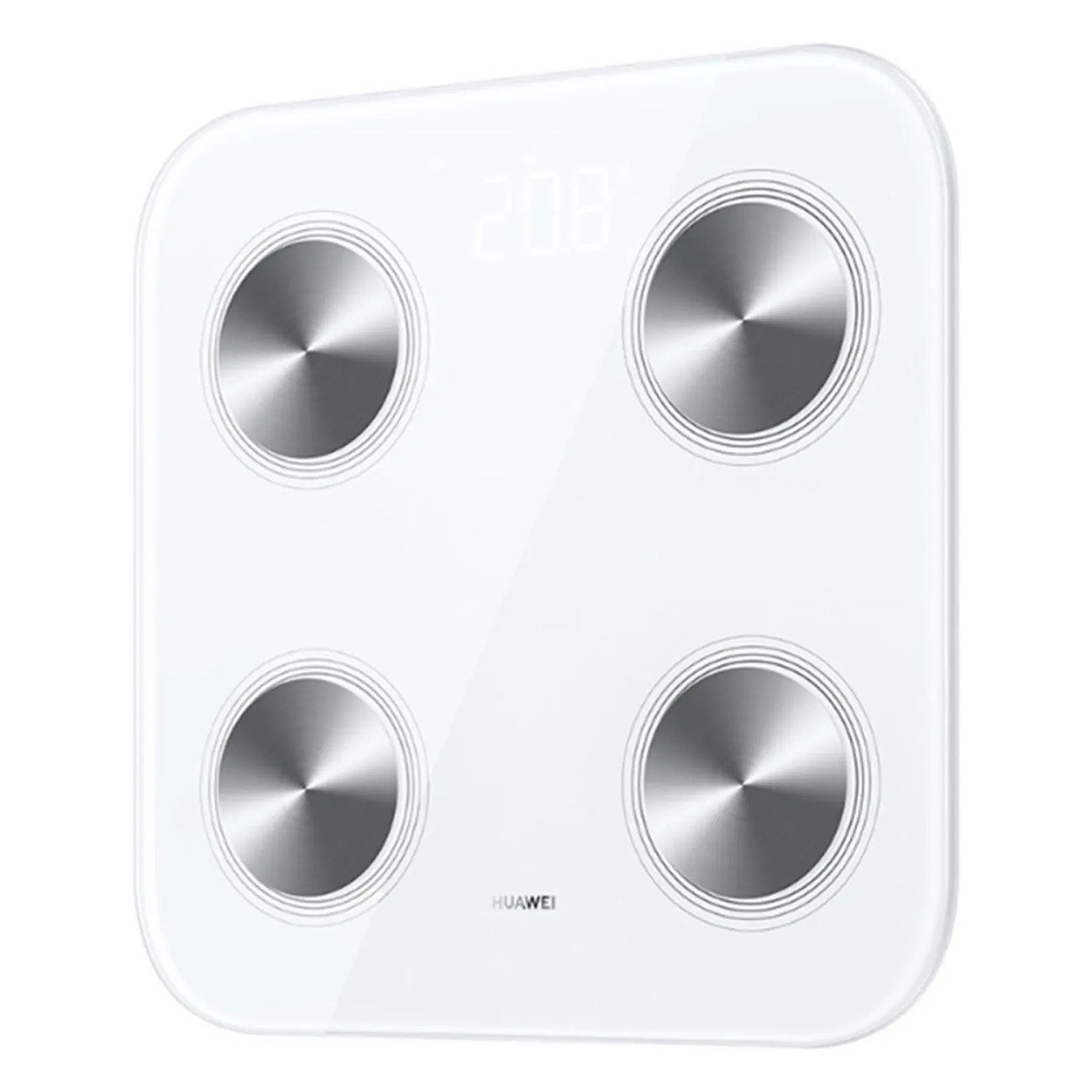 Biała waga cyfrowa z czterema srebrnymi okręgami i wyświetlaczem cyfrowym pokazującym wagę.