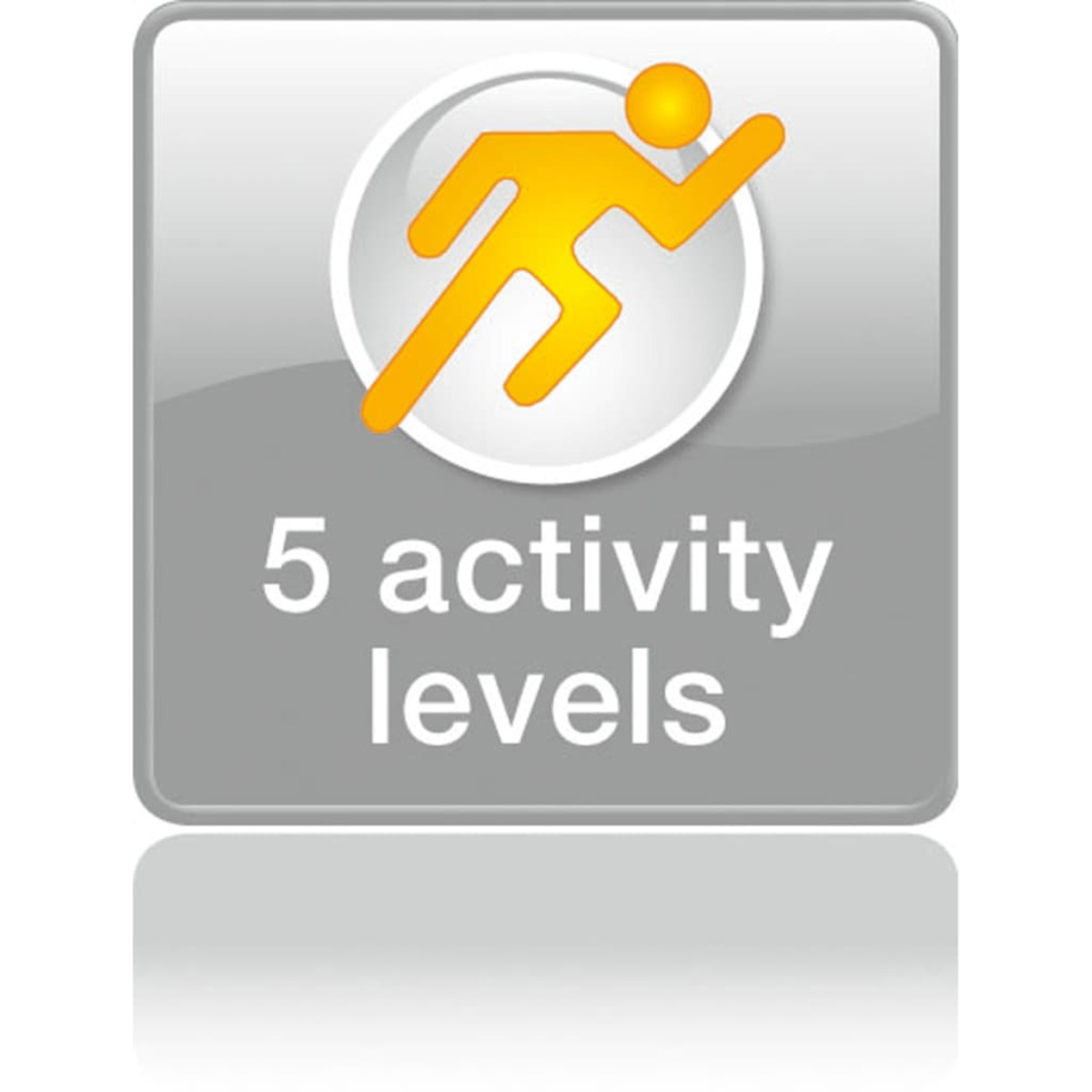 Icône avec une silhouette courant et le texte '5 niveaux d'activité' sur fond gris.