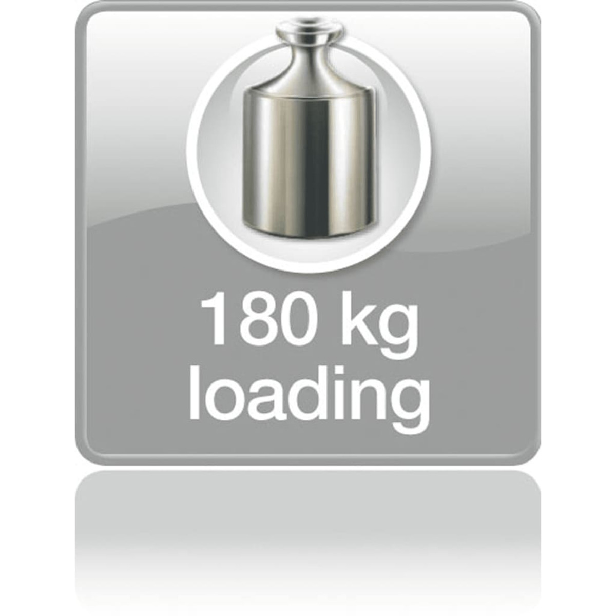 Une étiquette blanche et grise montrant un poids métallique et le texte 180 kg de charge.