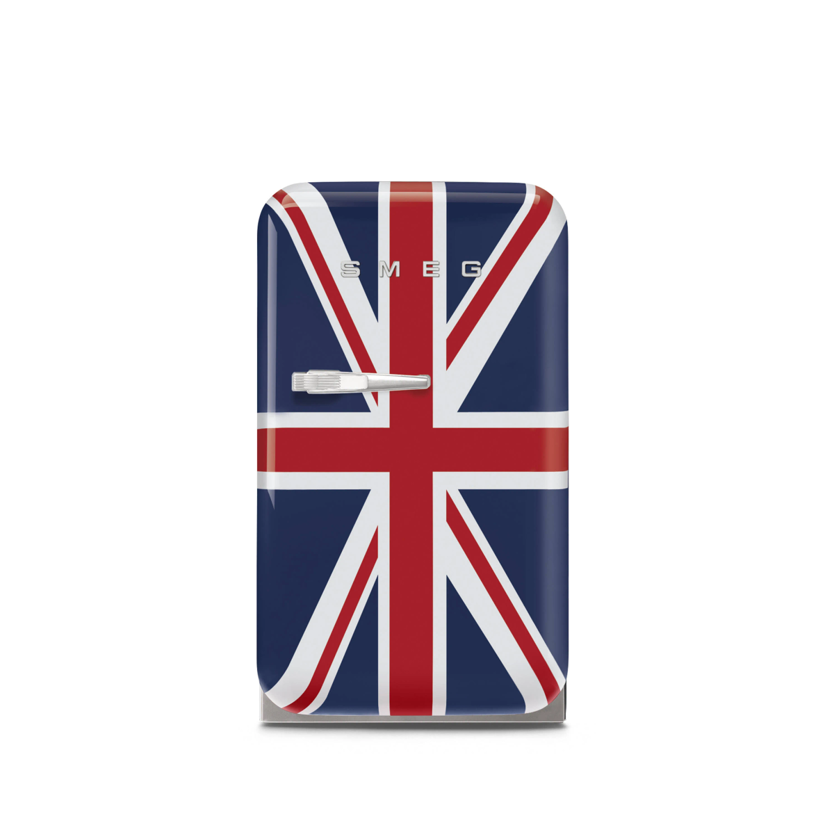 Refrigerador con diseño de bandera británica sobre fondo blanco.