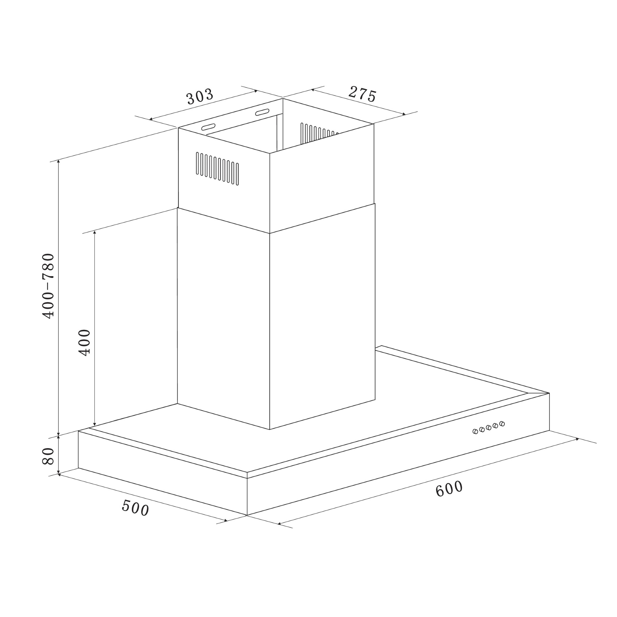 Line drawing of a kitchen range hood, with dimensions. White background.