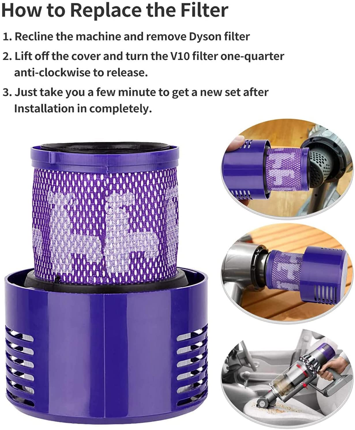 Instrucciones para reemplazar un filtro, que muestran un filtro desmontado y los pasos.
