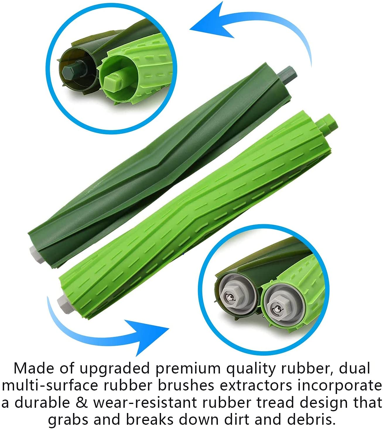 Pokazane są dwie zielone szczotki do odkurzacza. Jedna jest odłączona, a druga umieszczona w odkurzaczu.