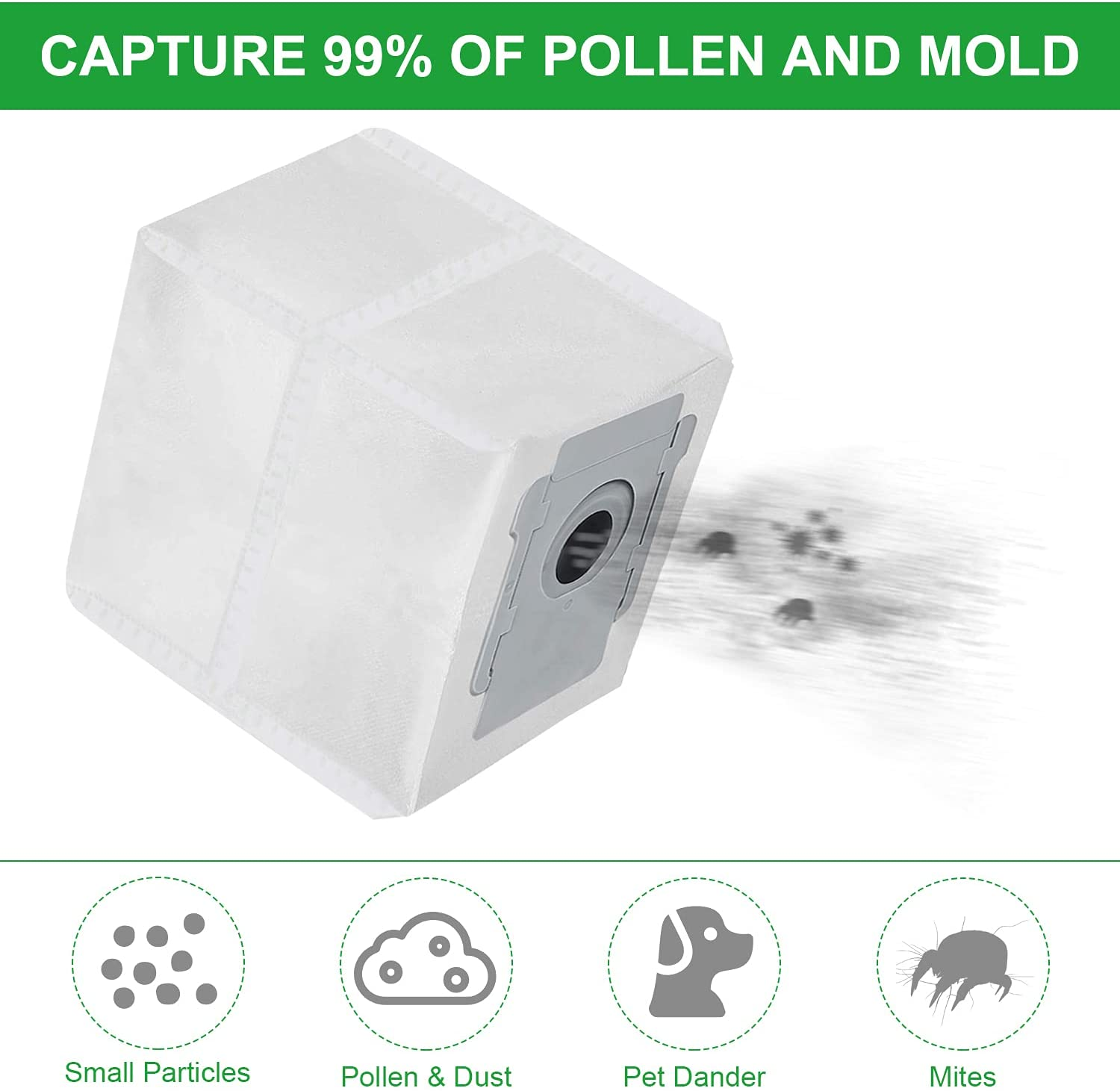 Biały filtr z tekstem: 'Zatrzymuje 99% pyłków i pleśni'. Ikony poniżej.