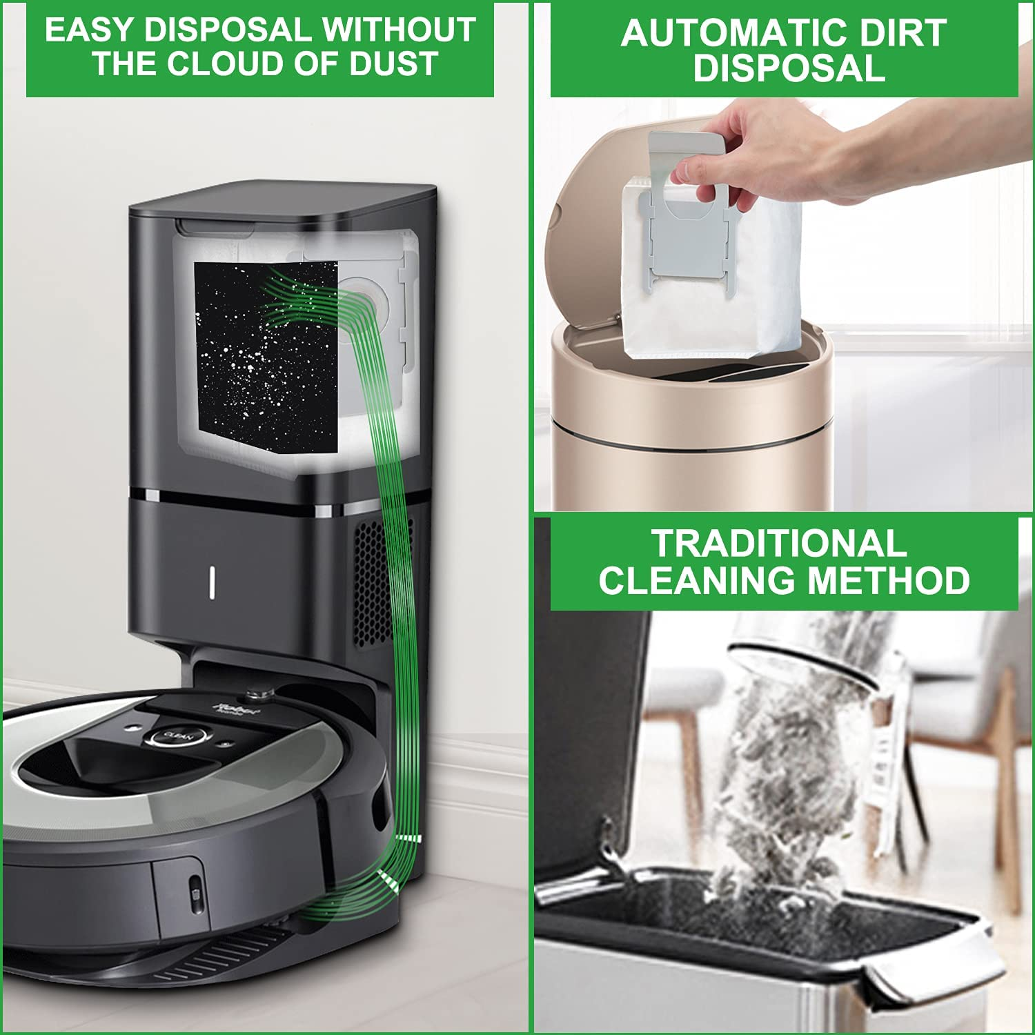 Odkurzacz z automatycznym usuwaniem brudu i porównaniem tradycyjnej metody czyszczenia.