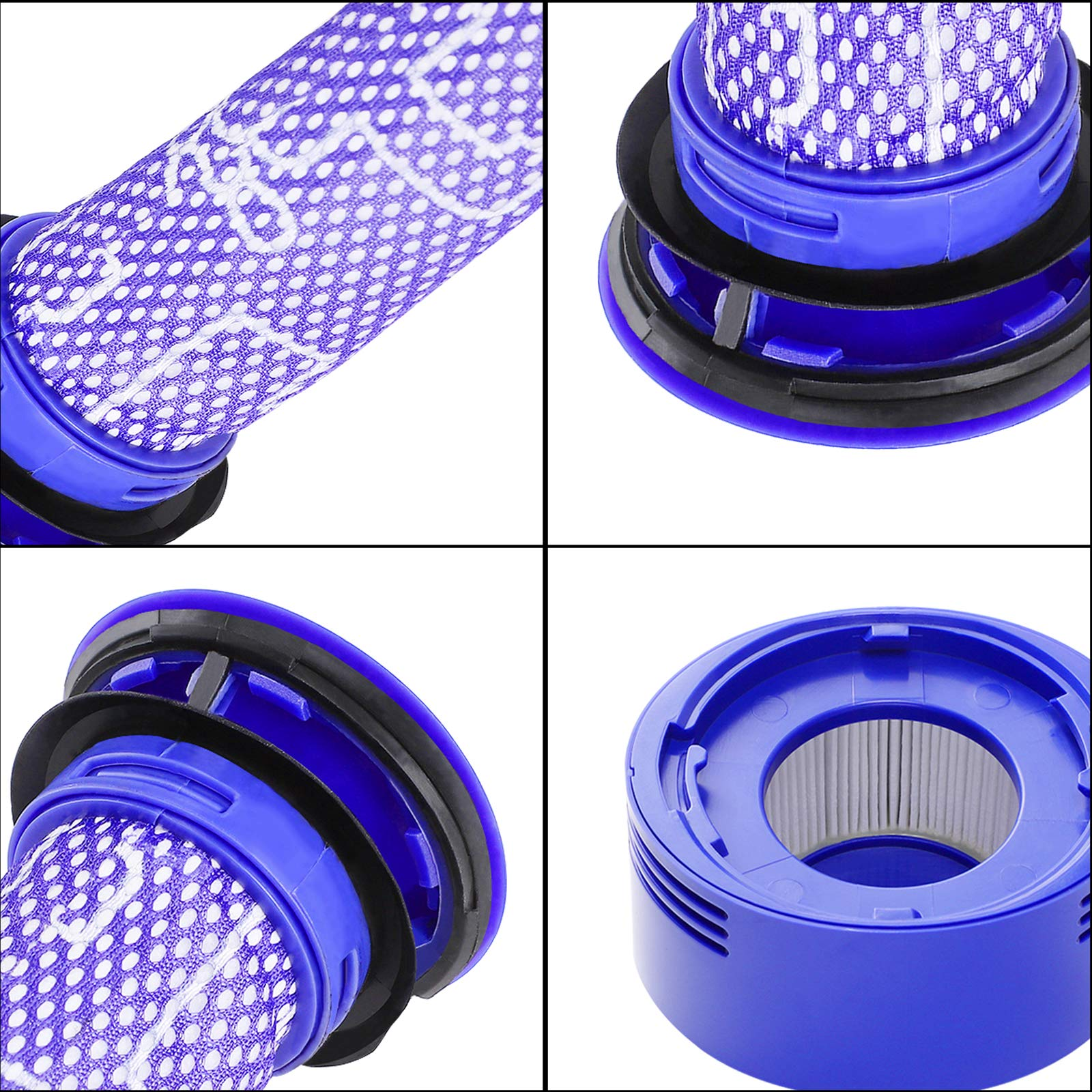 Zbliżenia niebieskich filtrów i elementów odkurzacza, pokazujące szczegóły filtra.