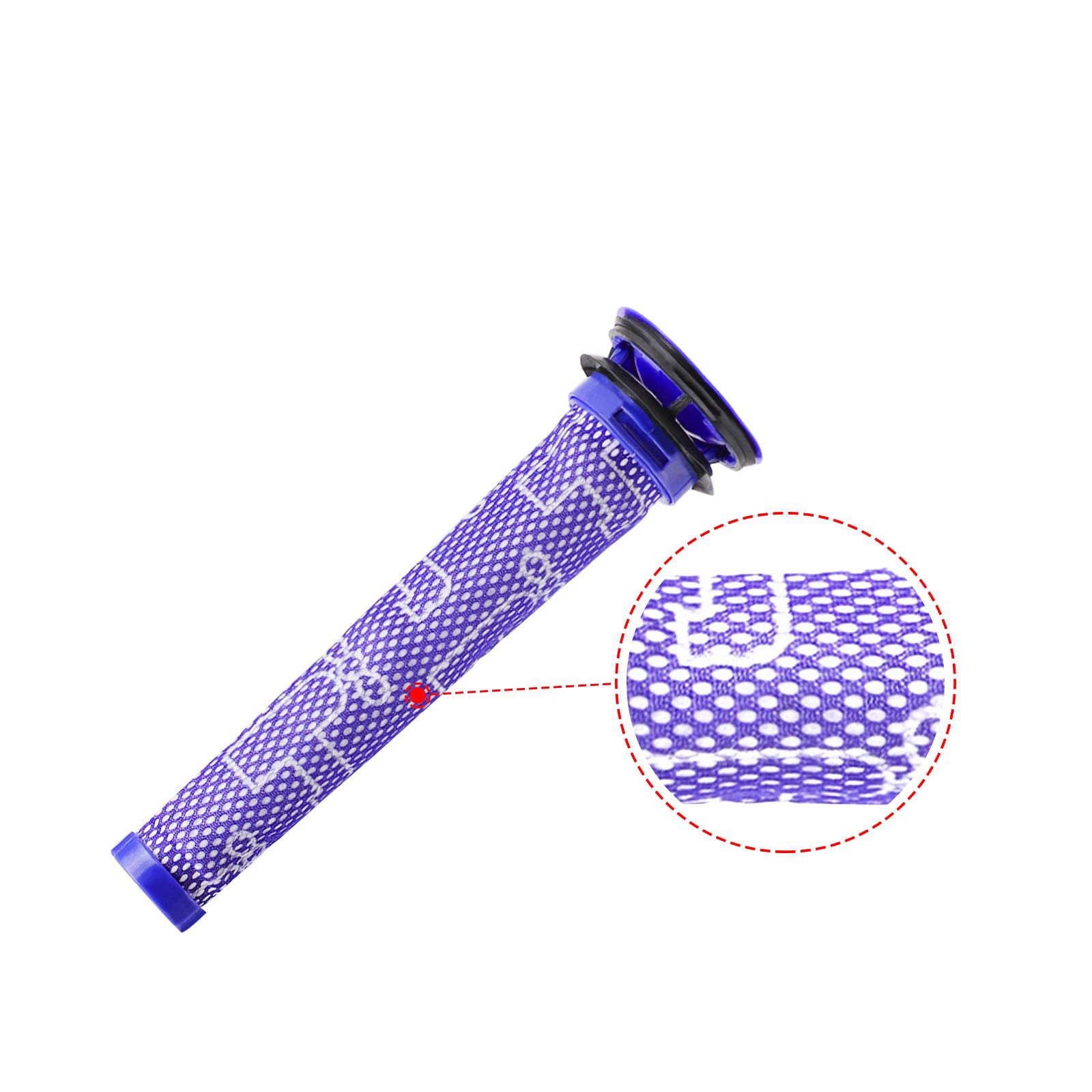 Fioletowy filtr do odkurzacza ze szczegółową siatką i czerwoną kropką podkreślającą sekcję, na białym tle.