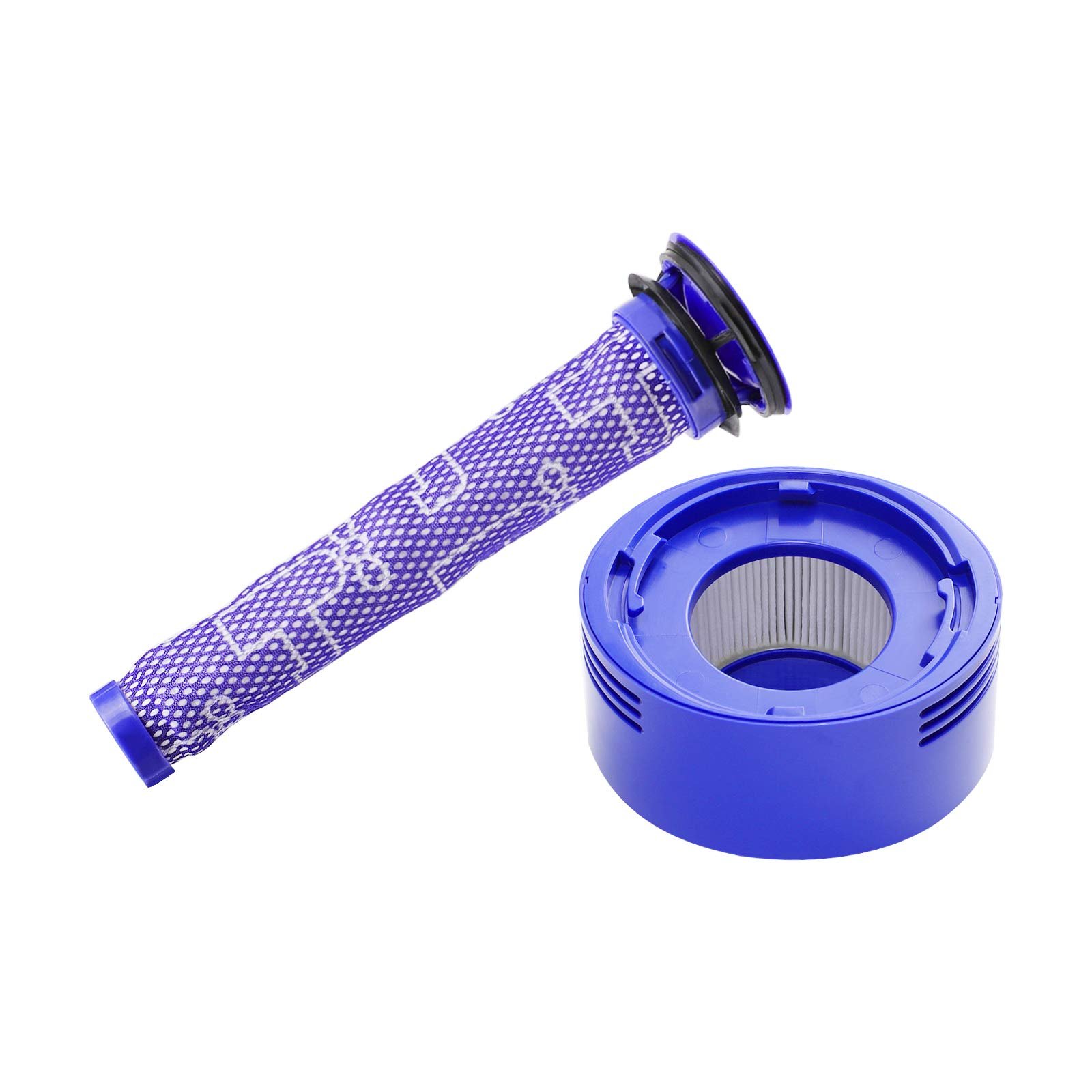 Zdemontowany filtr do odkurzacza z fioletową rurką i niebieską okrągłą częścią, na białym tle.