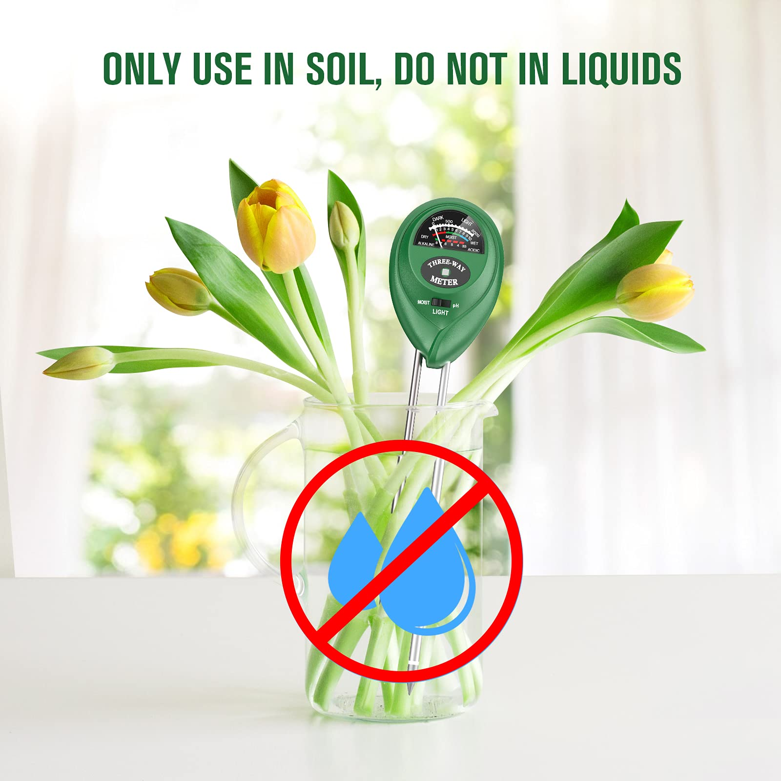 Wazon z kwiatami, miernik gleby i czerwony symbol 'nie woda'.