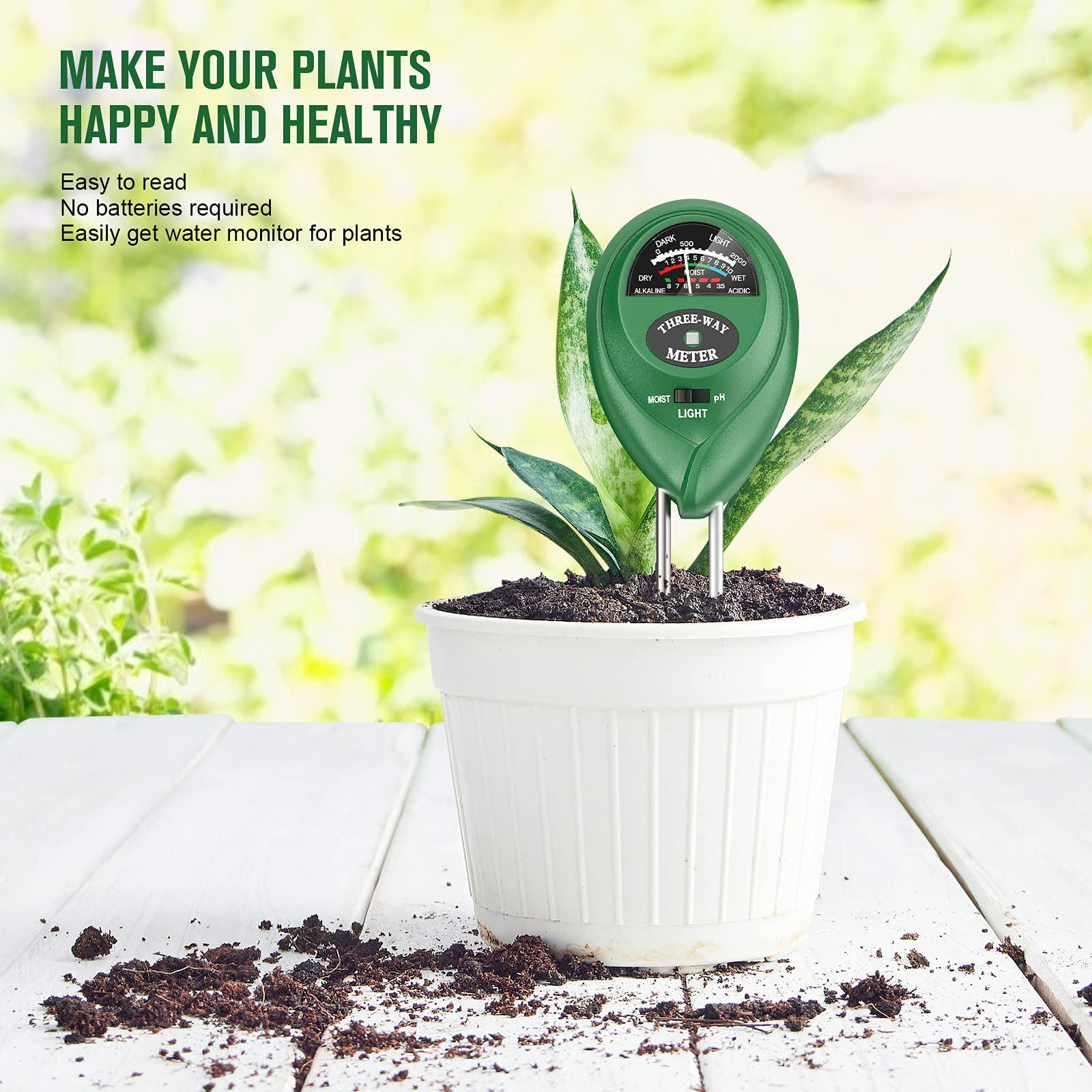 Roślina w białej doniczce z miernikiem gleby. Tekst wskazuje na zdrową roślinę.