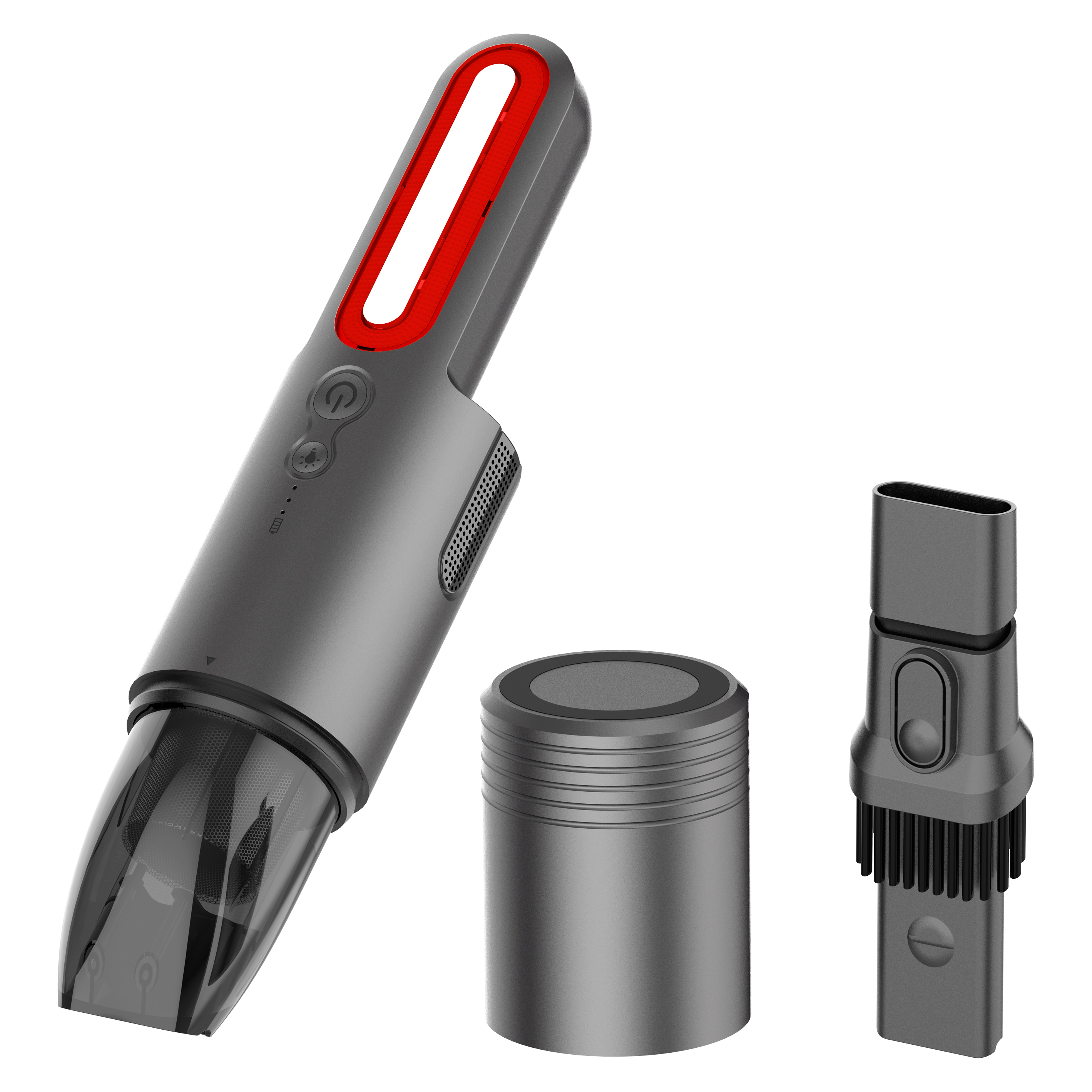 Szary odkurzacz ręczny z akcesoriami: szczotką, dyszą i pojemnikiem.