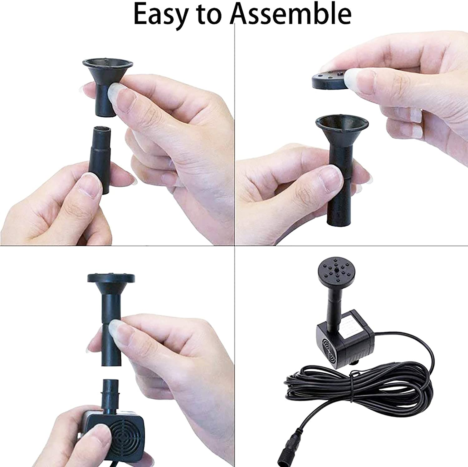 Montaż fontanny solarnej, cztery kroki montażu rękami.