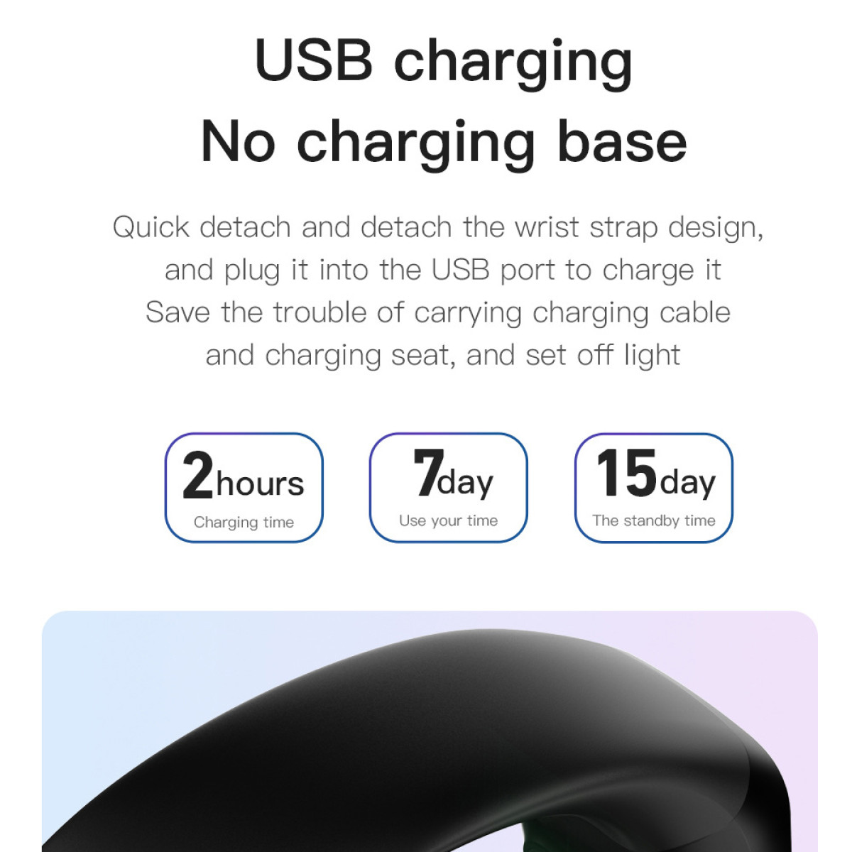 Obraz promocyjny z tekstem o ładowaniu USB i czarną opaską na nadgarstek z czasem ładowania 2 godziny.