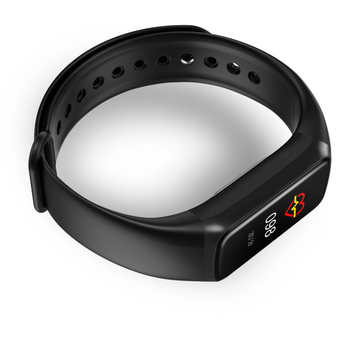 Czarna opaska fitness z ekranem pokazującym tętno i czas.