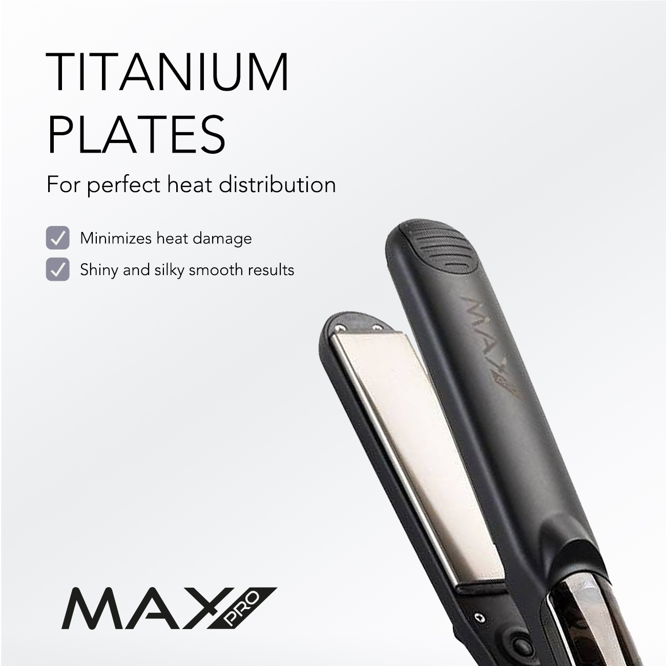 Black hair straightener with titanium plates. Text: TITANIUM PLATES. Two checkmarks, white background.
