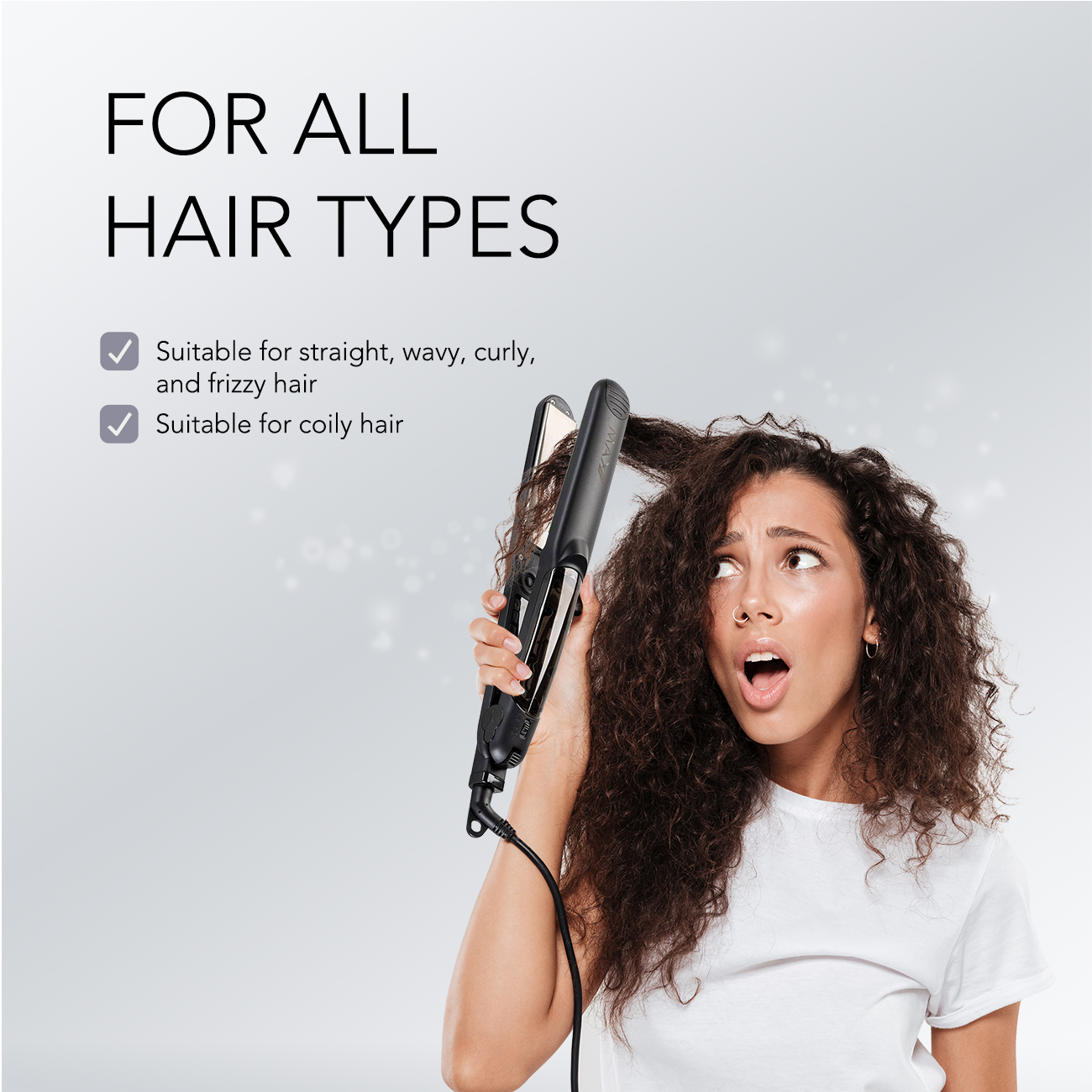 A woman using a hair straightener with text: FOR ALL HAIR TYPES. Checks for curly and frizzy hair.