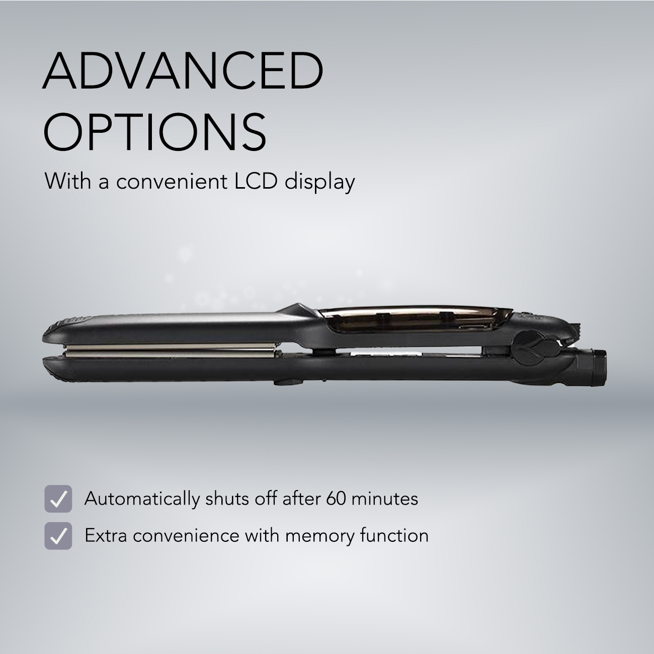 Black and gold hair straightener with text about features like automatic shut-off and memory function.