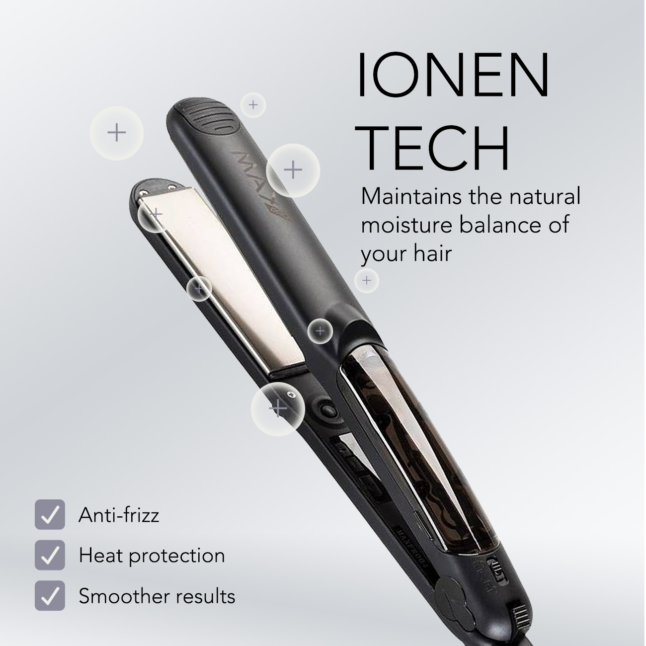 Black hair straightener with features: Anti-frizz, Heat protection, Smoother results, and Ion tech text.