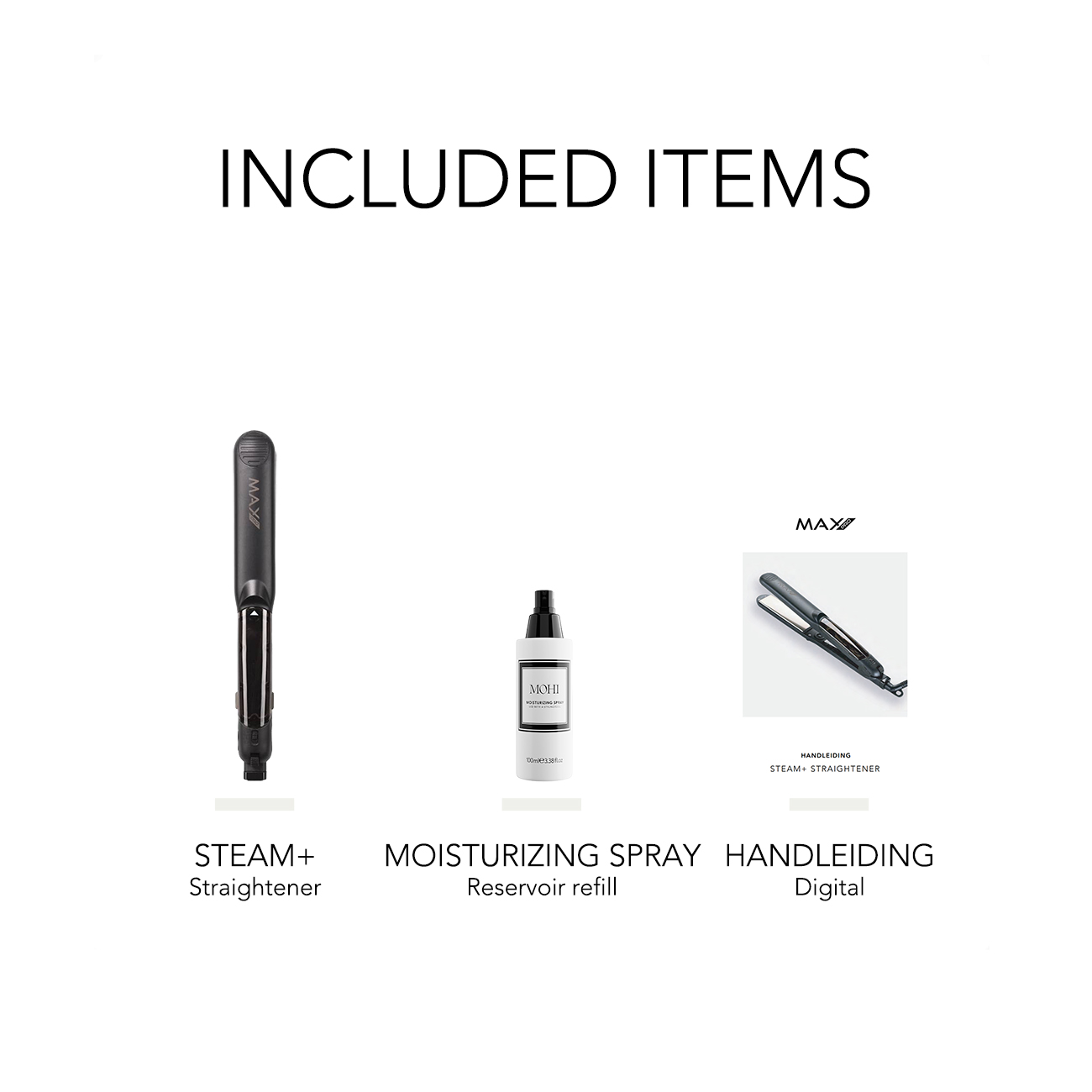 Included items: Straightener, moisturizing spray, and digital handleiding. White background.