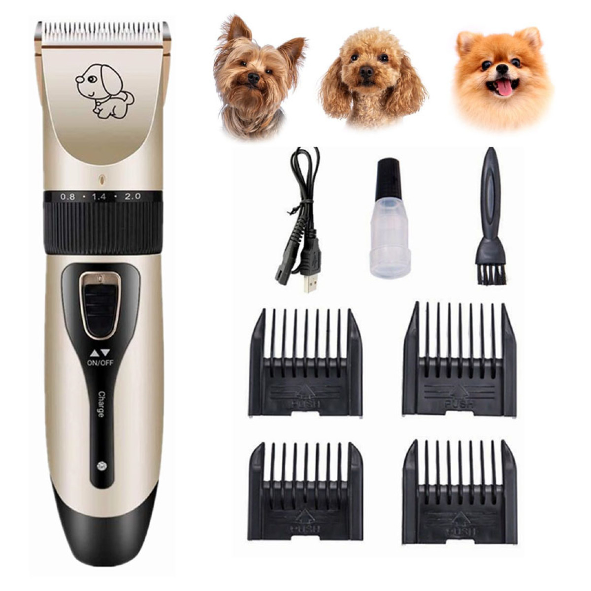 Maszynka do strzyżenia zwierząt z akcesoriami i zdjęciami psów, w tym yorka i pudla.