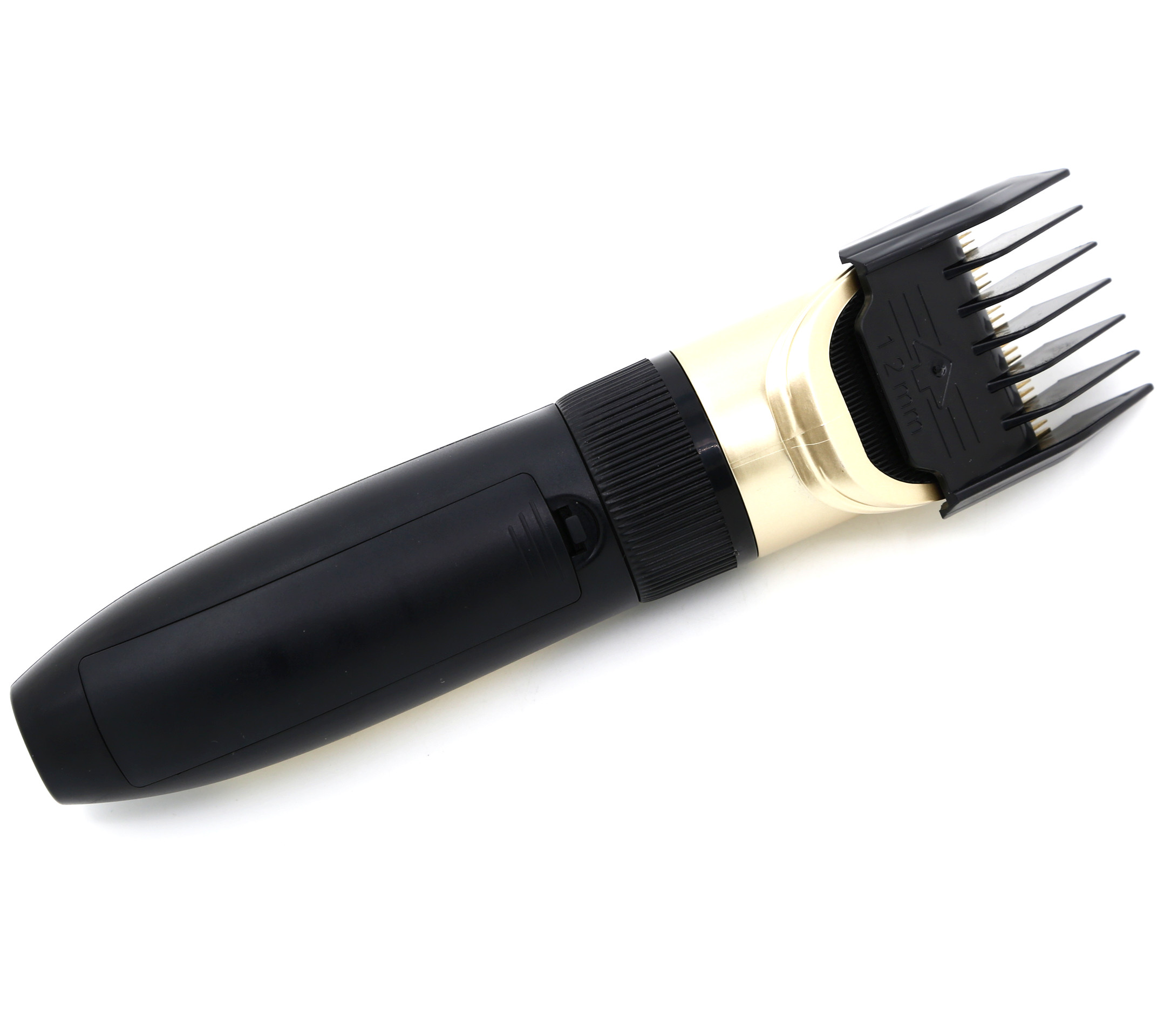 Czarne i złote maszynki do włosów, widok z góry. Ostrza są widoczne.