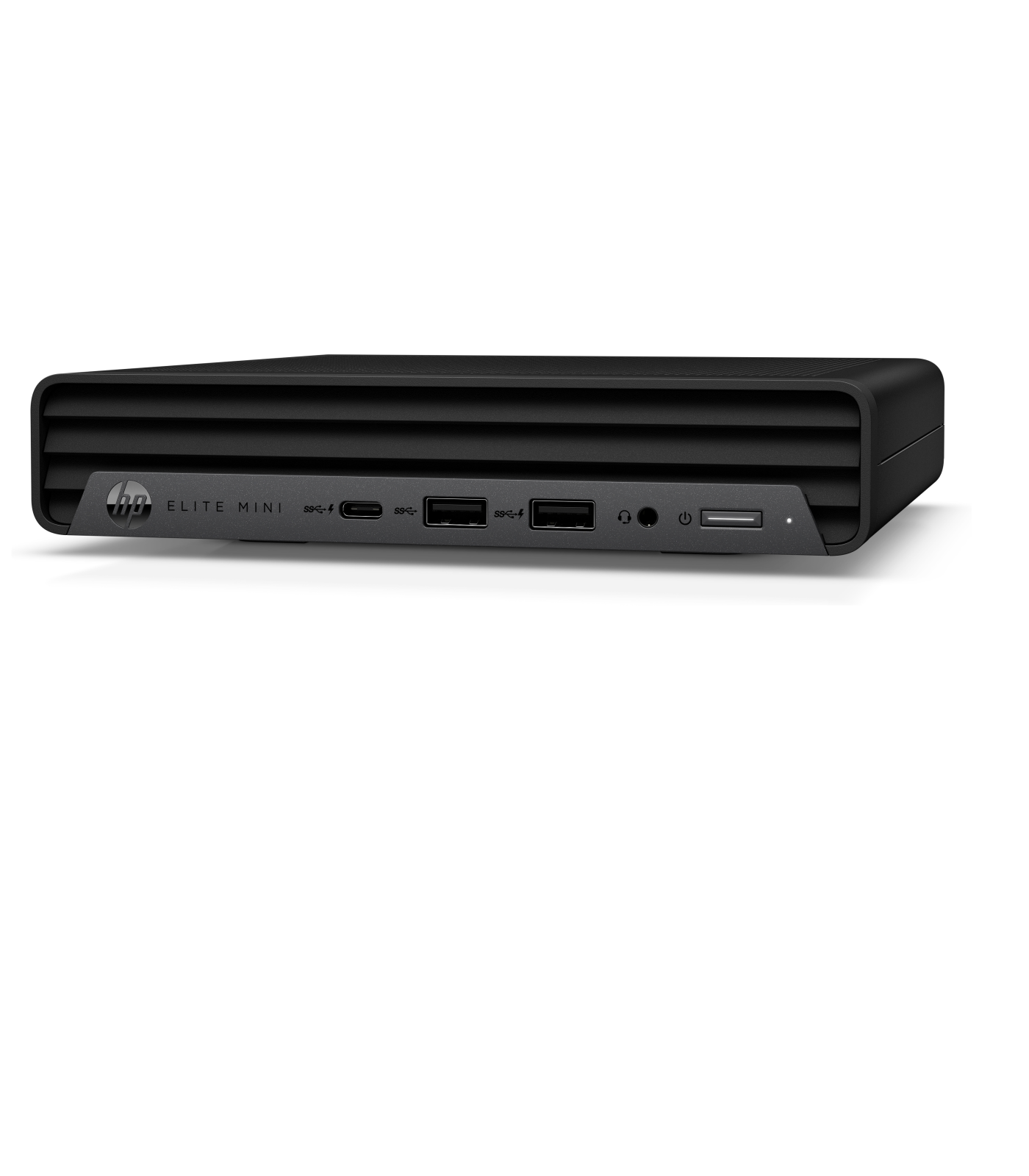 Schwarzer HP Elite Mini Desktop-Computer. Vorderansicht mit Anschlüssen und HP-Logo. Weißer Hintergrund.
