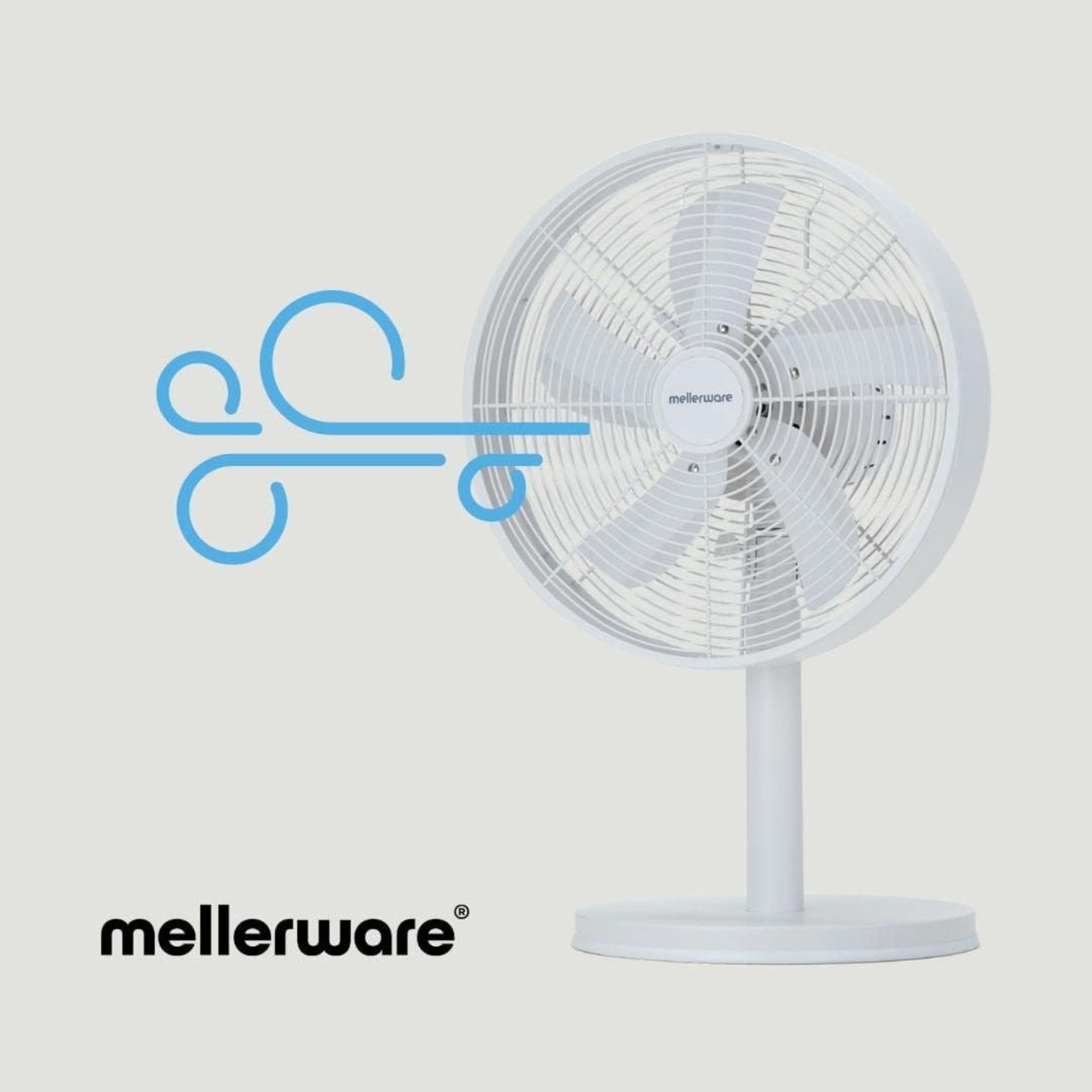 Ventilatore a colonna bianco con grafica del vento. Logo 'Mellerware'.