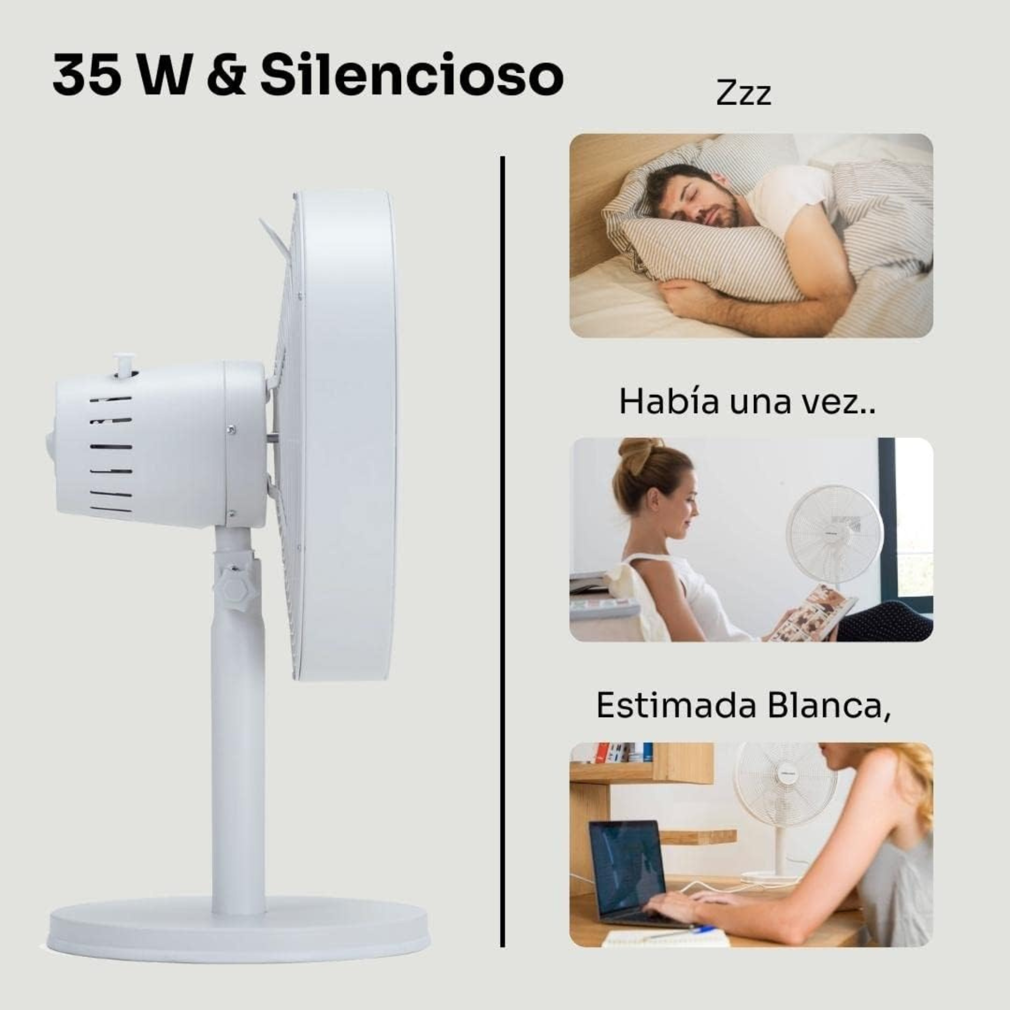 Ventilatore bianco con immagini di persone, testo in spagnolo: 35 W & Silent e Habia...