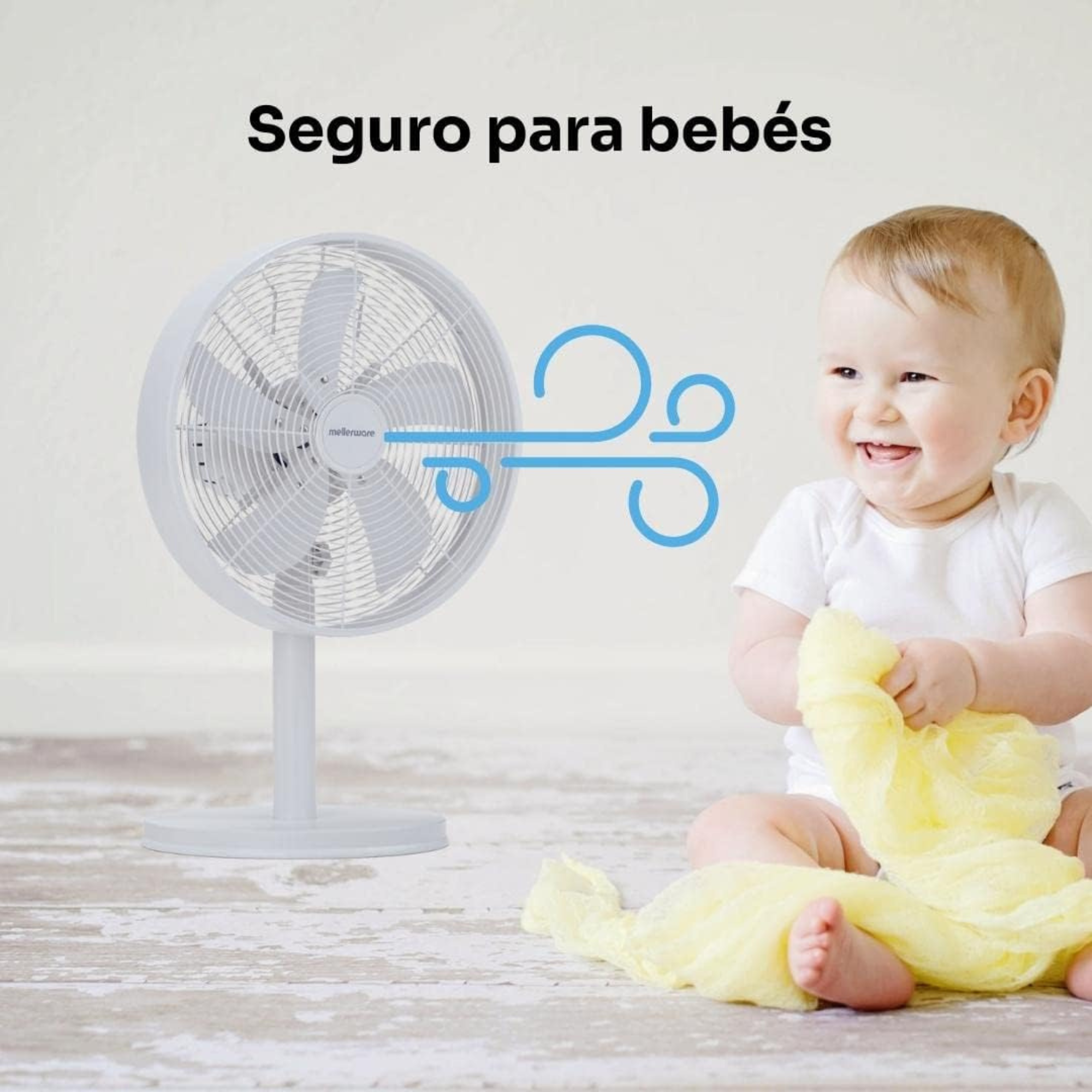 Un bambino sorride vicino a un ventilatore con linee di vento. Il testo sopra dice 'Sicuro per i bambini'.