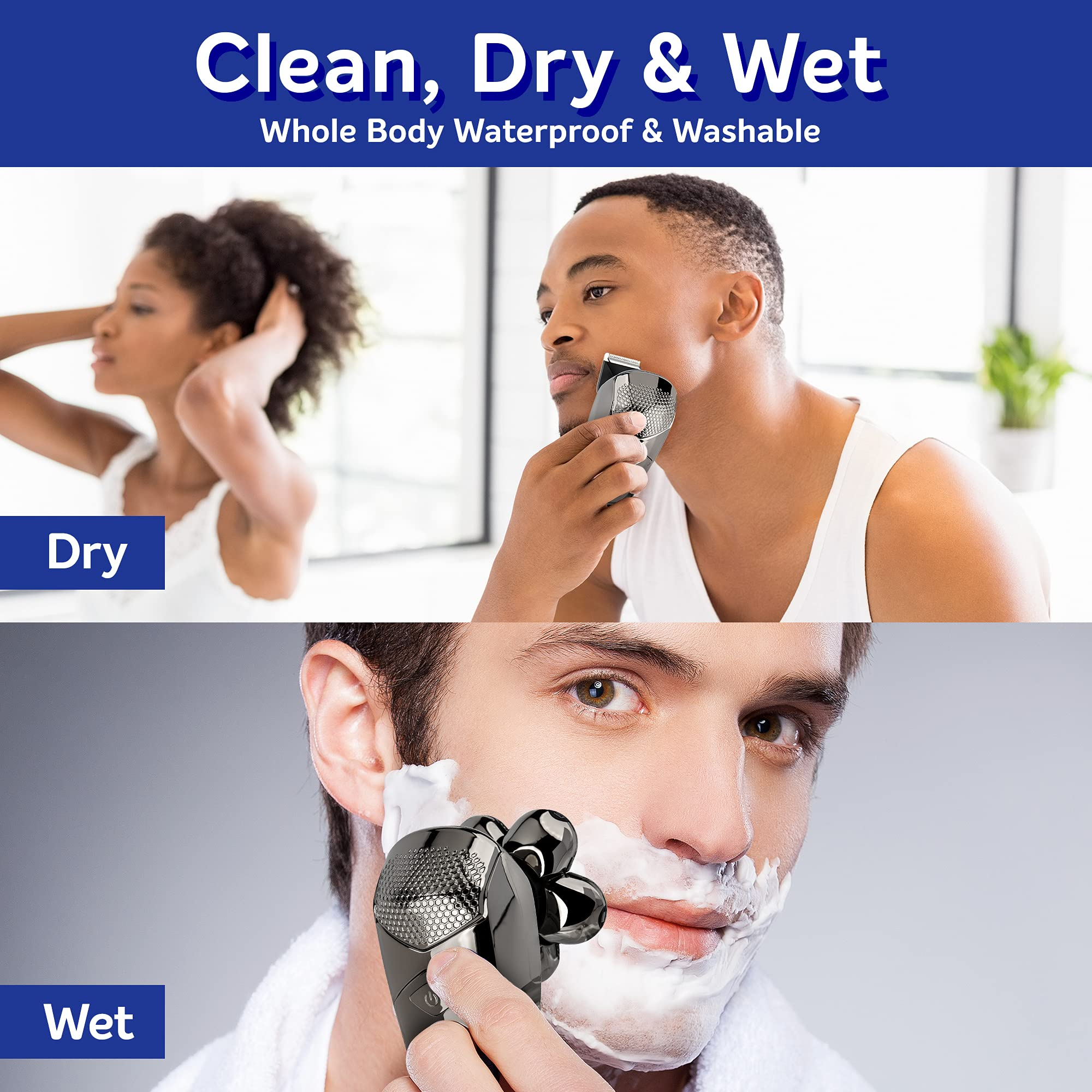 Zwei Männer und eine Frau. Ein Mann rasiert sich nass, der andere trocken.