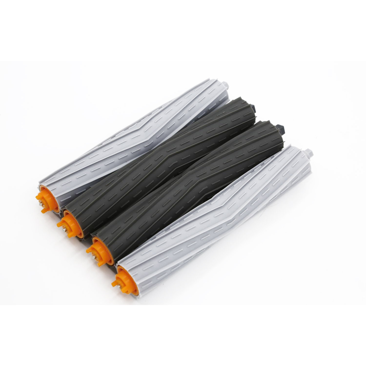 Cztery szare i czarne wałki szczotki do odkurzacza.