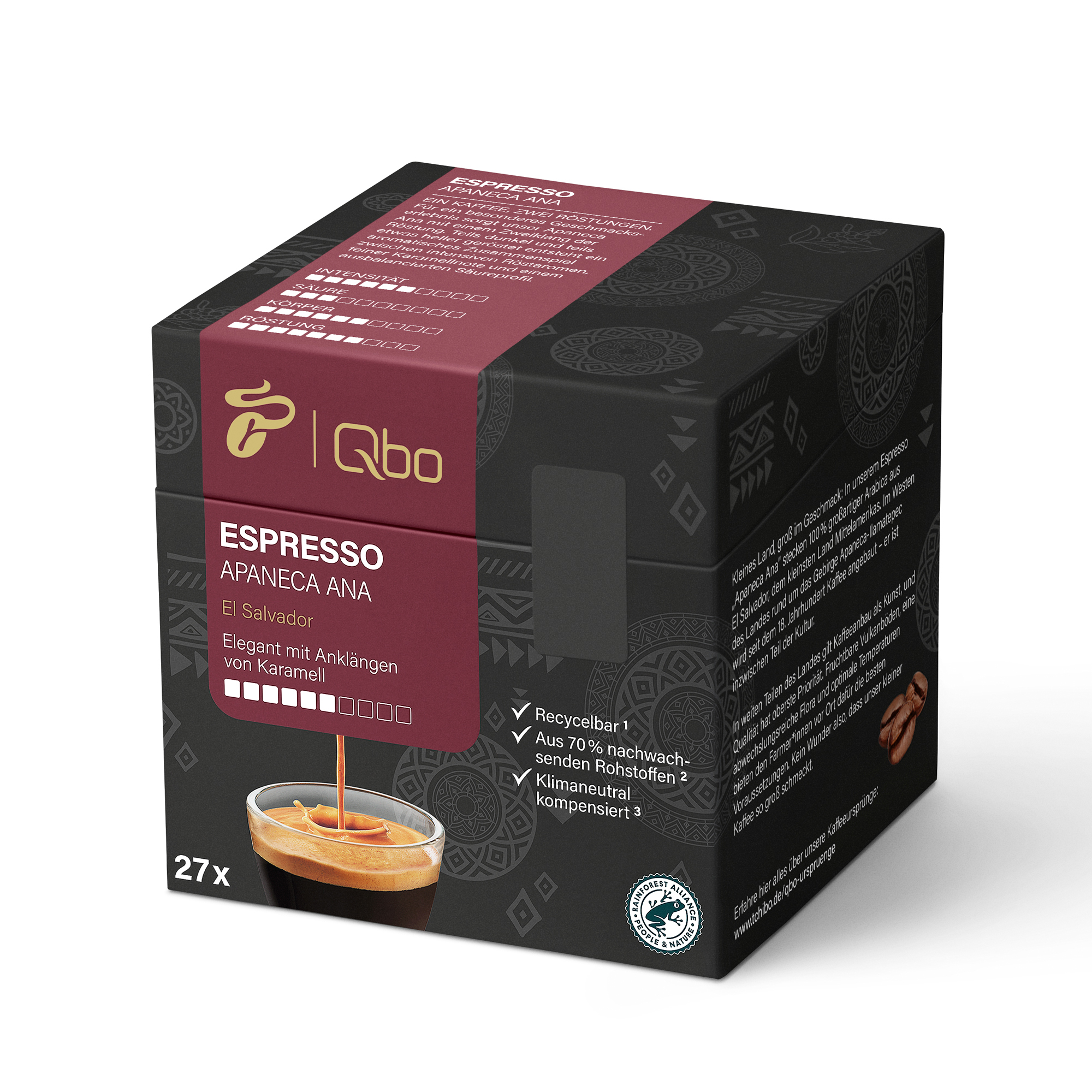 Kaffeebox mit Text und einem Kaffeetassenbild. Die Box ist schwarz und rot.
