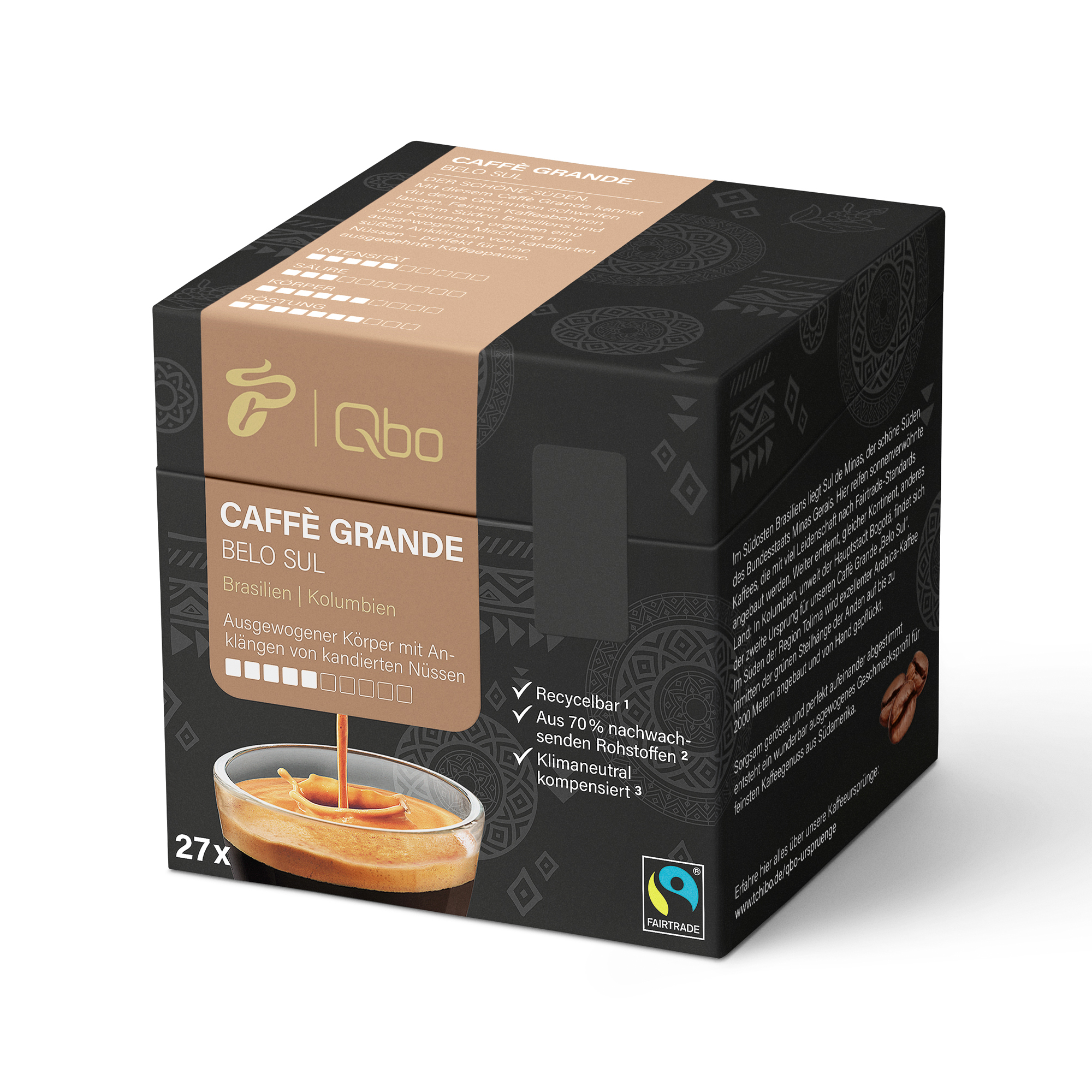 Eine Kaffeebox mit dem Text 'Caffè Grande Belc Sul', eine Tasse mit Kaffee und einige Kaffeebohnen.