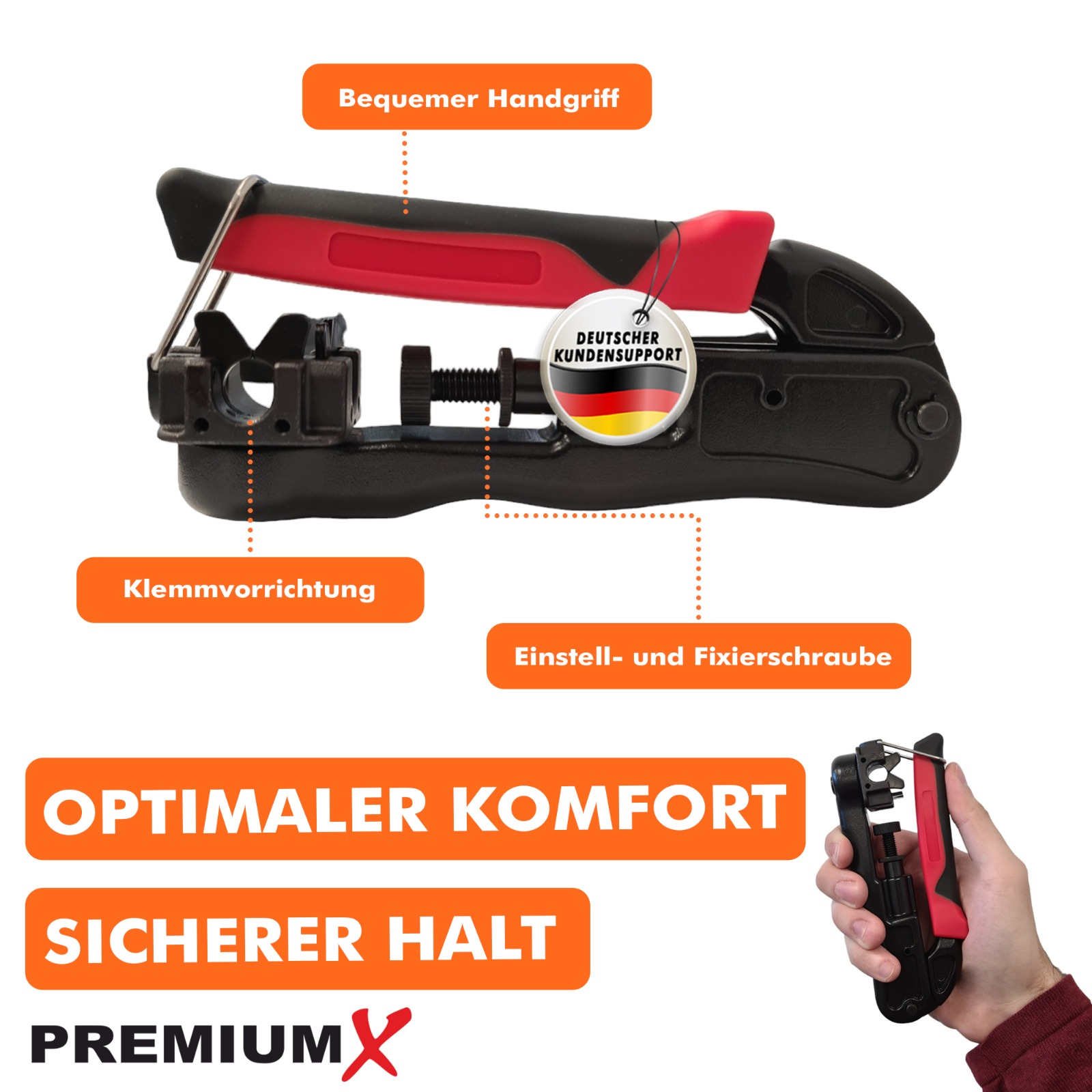 Schwarz-rotes Crimpwerkzeug mit Etiketten: komfortabler Griff, Klemmvorrichtung, Stellschraube.