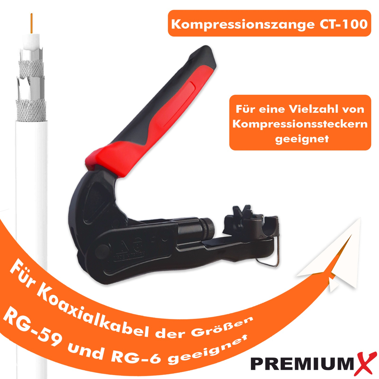 Crimpzange und Koaxialkabel. Werkzeug hat rote und schwarze Griffe. Text Details Kabeltyp-Kompatibilität.
