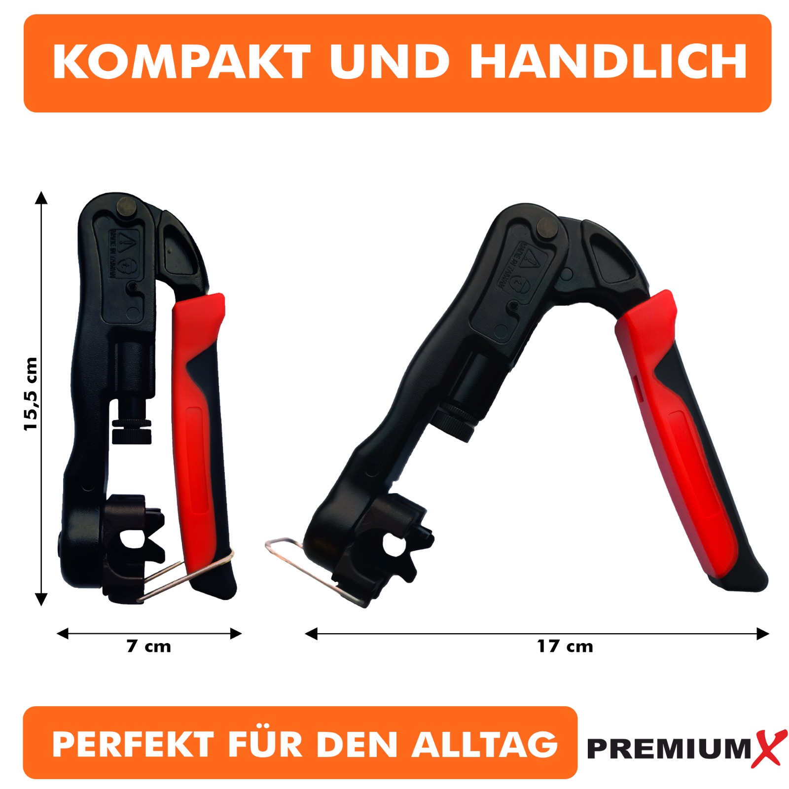 Zwei Handtrainingsgeräte, schwarz und rot, geöffnet und geschlossen. Text: KOMPAKT UND HANDLICH, PREMIUMX.