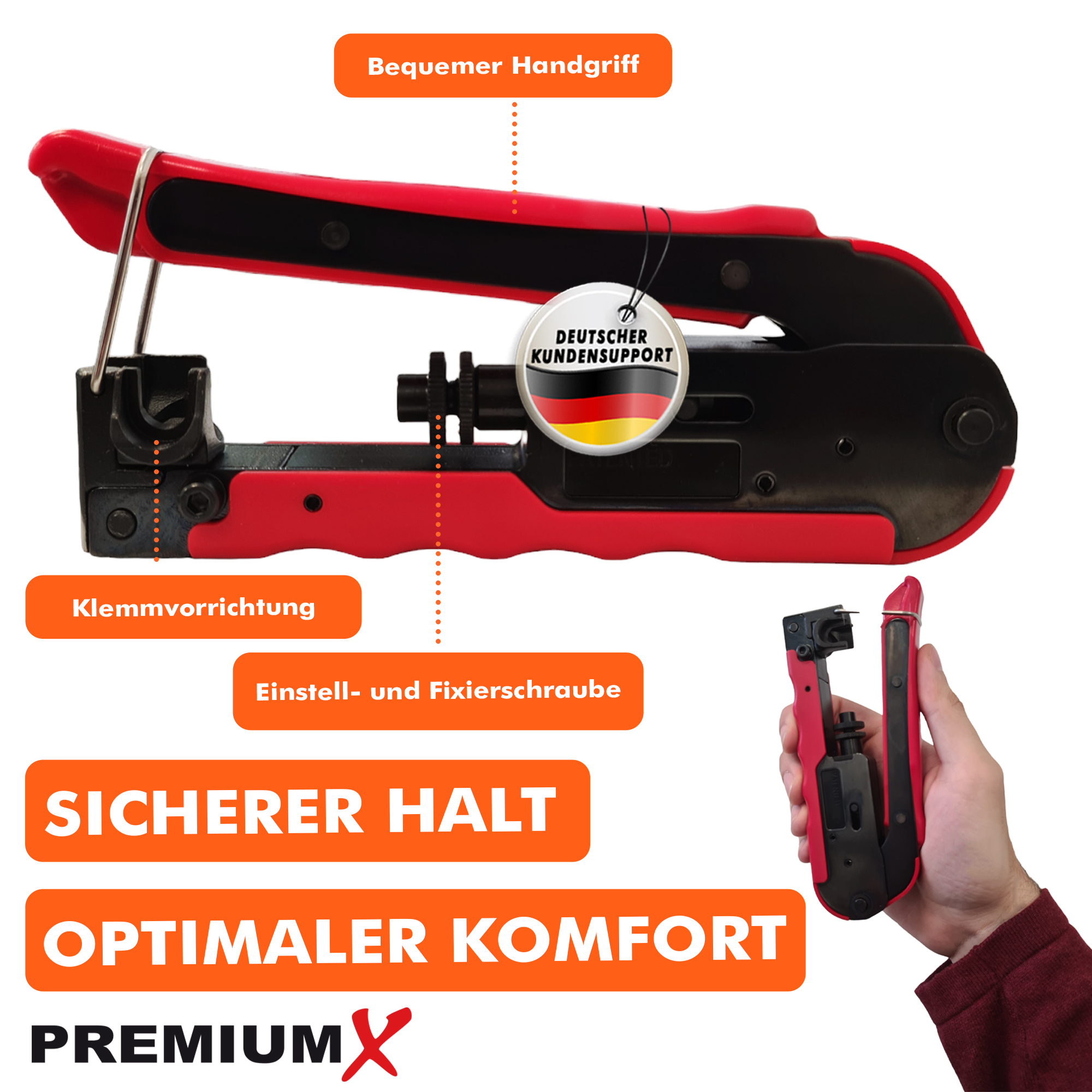Rotes und schwarzes Crimpwerkzeug mit Beschriftungen, zeigt 'Bequemer Handgriff' und 'Sicherer Halt'.