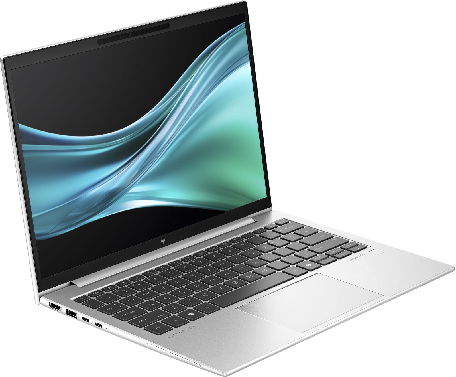 Srebrny laptop z klawiaturą, ekranem z wzorem teal i czarnym. Widok z boku, otwarty.