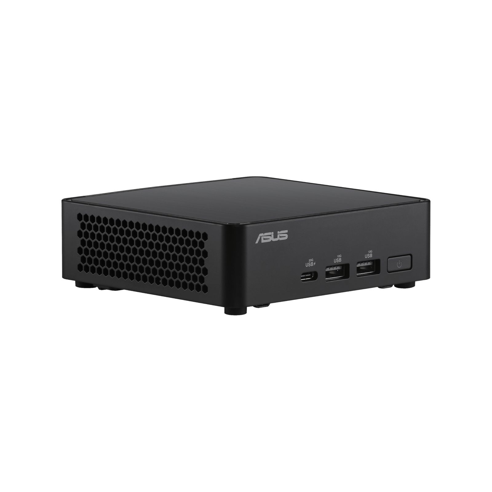 Mini PC ASUS nero con porte USB e pulsante di accensione. Vista laterale.