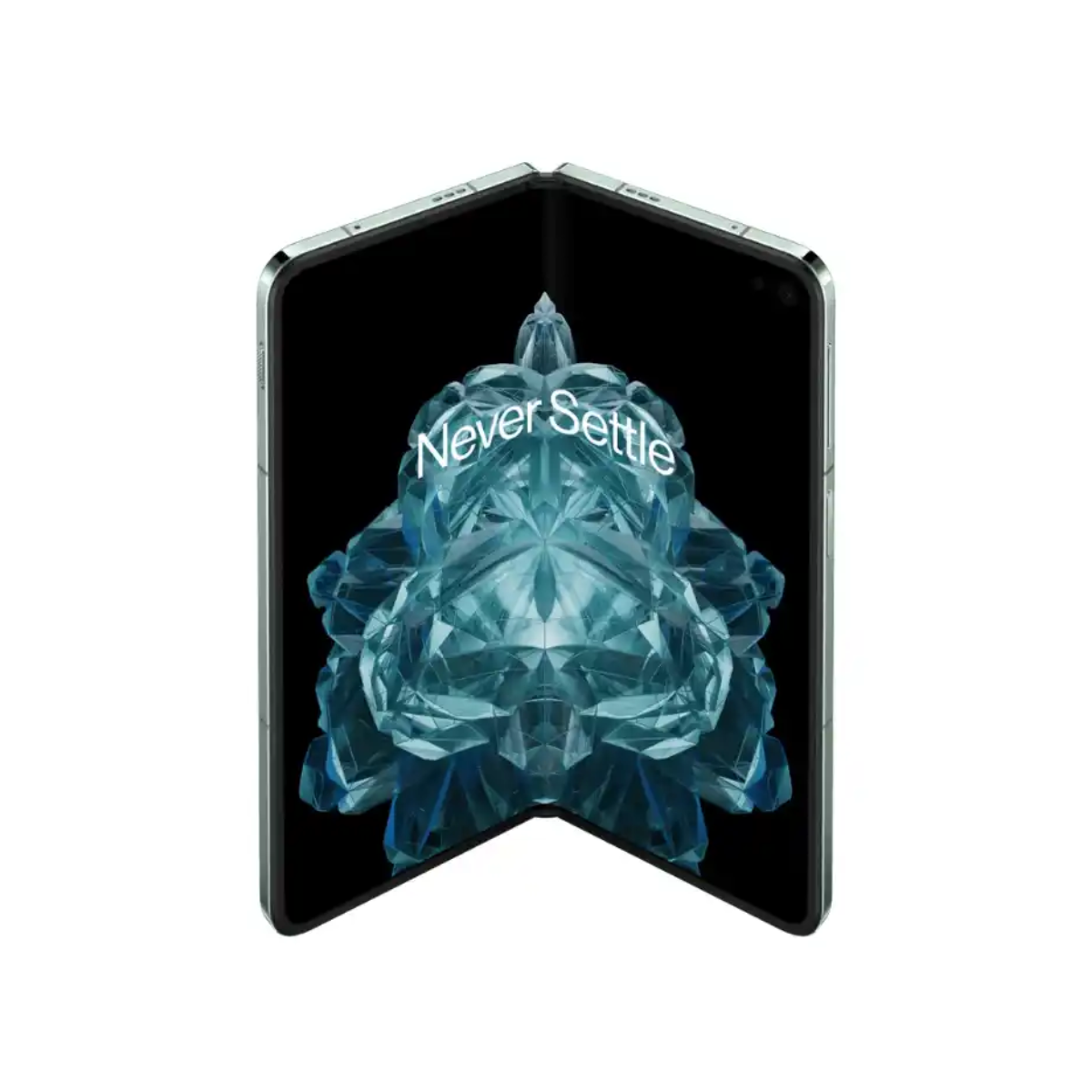 Un teléfono plegado con un diseño de cristal en su pantalla interior y las palabras 'Never Settle'.