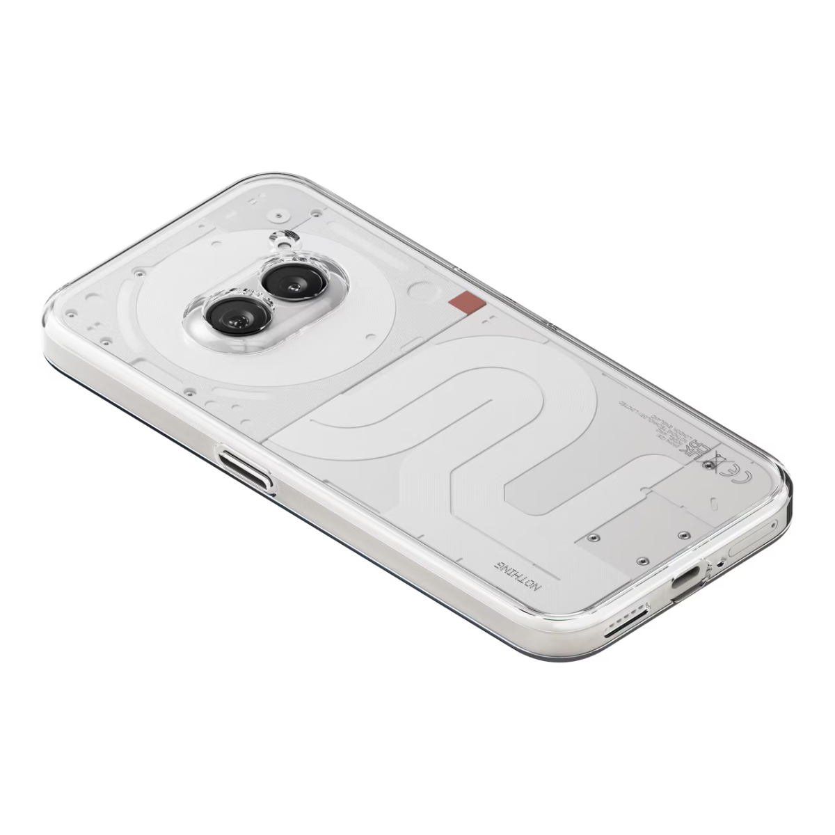 Przezroczysty telefon Nothing, widok z tyłu. Pokazuje wewnętrzne komponenty, z podwójnym aparatem i białym designem.