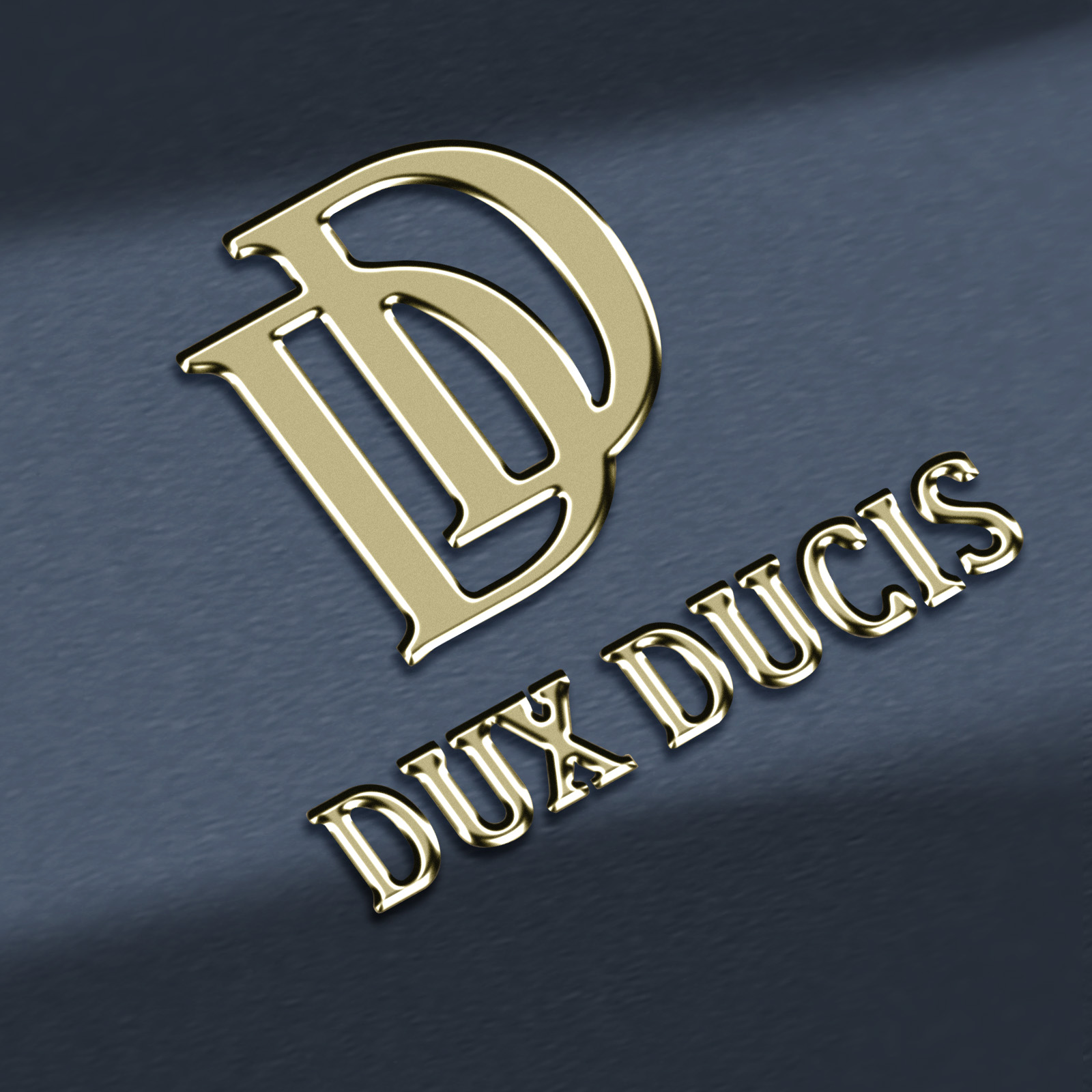 Logo DUX DUCIS dorato su una superficie grigia strutturata con ombre.
