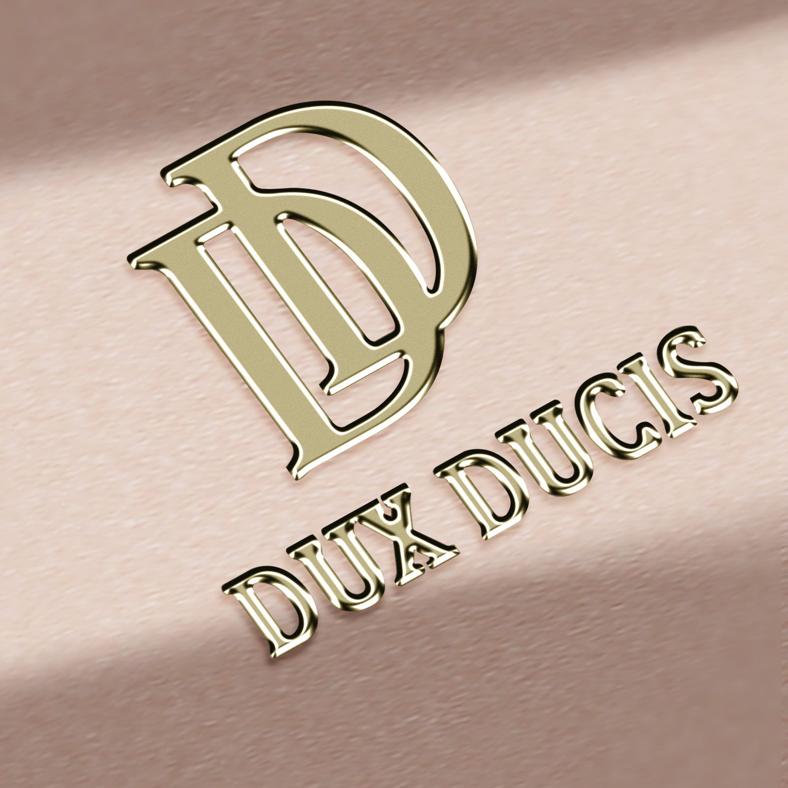 Logo oro 'DUX DUCI' su sfondo strutturato, leggermente angolato.