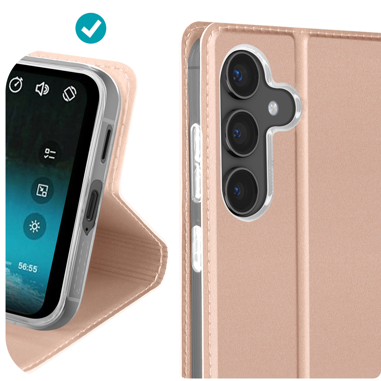 Un telefono in una custodia oro rosa. Il telefono è parzialmente aperto, mostrando lo schermo.